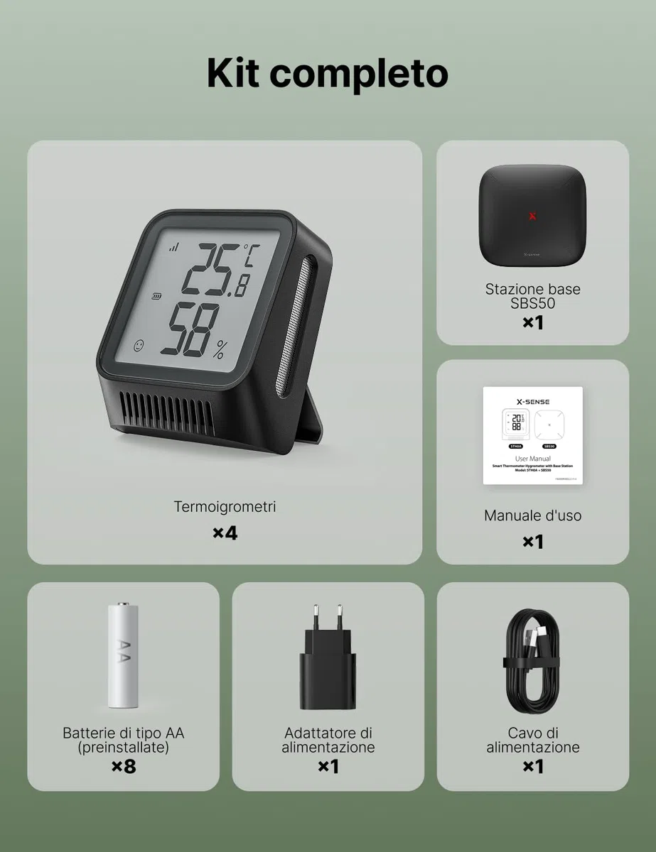 X-Sense Wi-Fi Igrometro Umidità degli Interni con Stazione Base SBS50, Termoigrometro Intelligente con Schermo LCD, Monitoraggio Remoto e Controllo App, Modello STH0A41