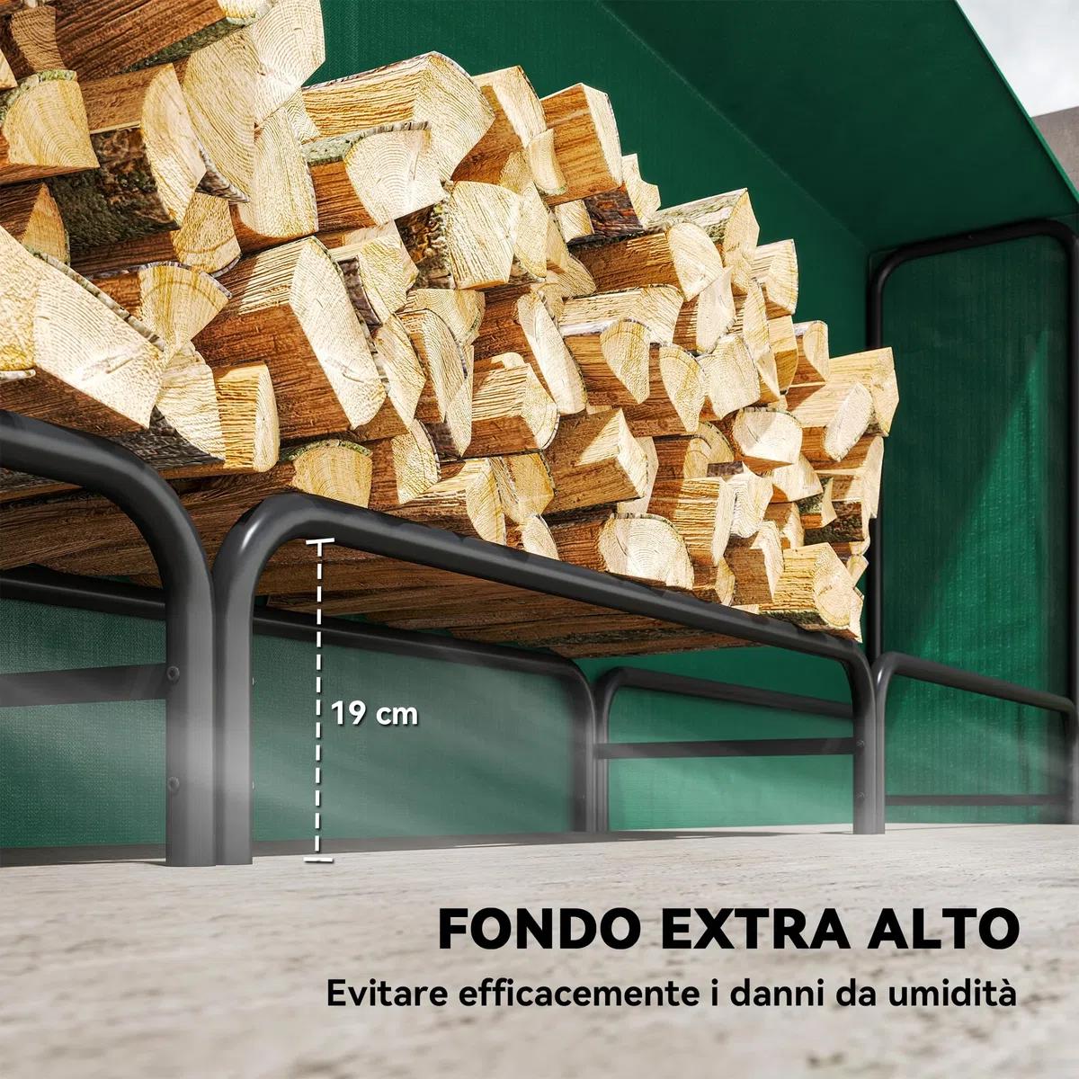 Outsunny Legnaia da Esterno in Metallo 1m³ 300x36x99 cm Nero e Verde Scuro
