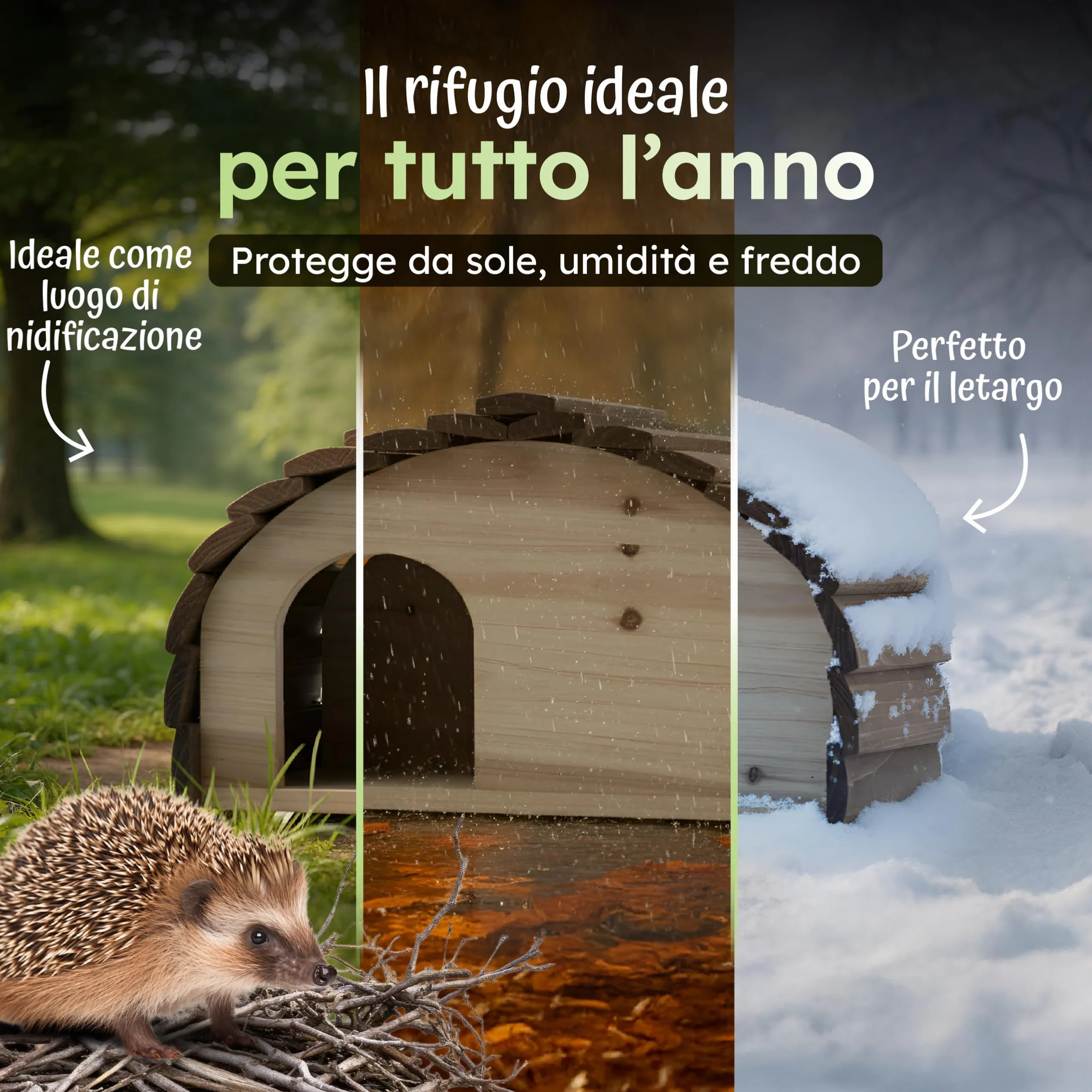 Moorland Casetta per ricci – Rifugio invernale 35×21 cm con base fissa, ingresso ventilato a labirinto e tetto fisso, in legno FSC, resistente alle intemperie per giardino