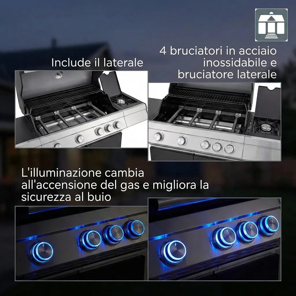 Tarrington House Barbecue a Gas Paxton 4 Bruciatori + Fornello Acciaio Inox Nero Opaco