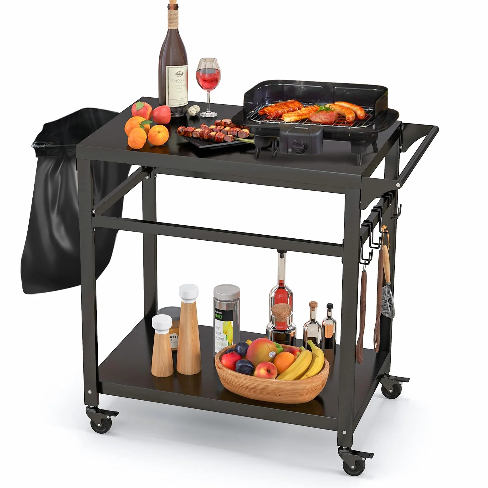 COSTWAY Carrello Barbecue da Esterno in Metallo con 2 Ripiani, 4 Ruote Bloccabili, Ganci, Maniglia Laterale