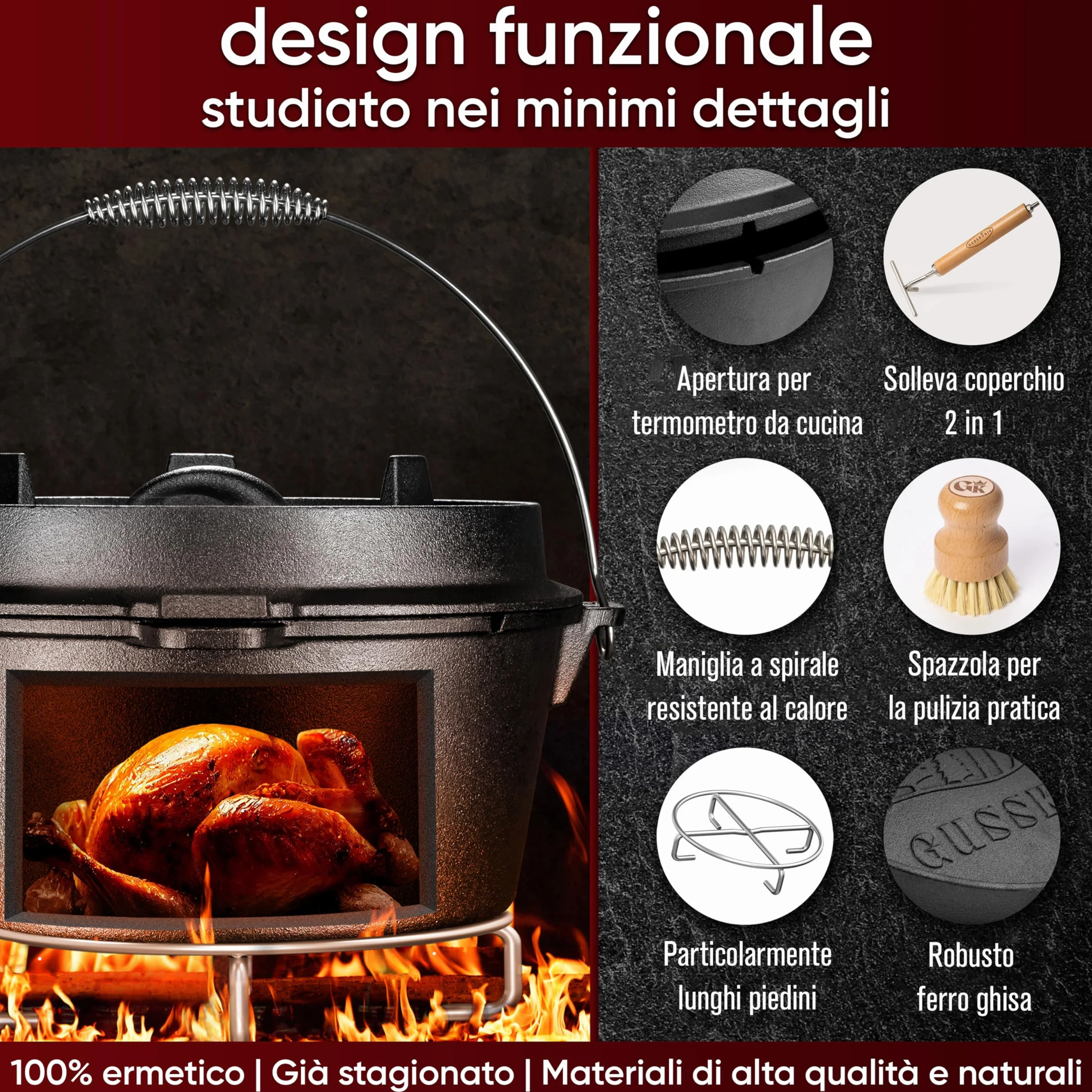 GUSSKÖNIG Set di pentole in ghisa con coperchio- 7 Litri-senza piedini -Teglia per il pane in ghisa-Incluso sollevatore del coperchio 2in1,spazzola e ricettario per il forno olandese [per3-5 persone]