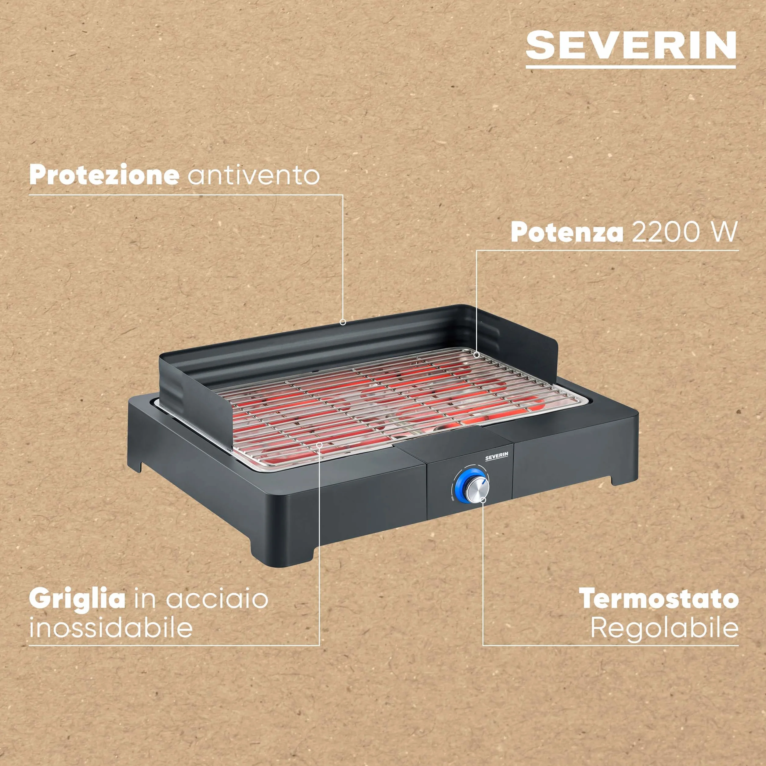 SEVERIN Barbecue Elettrico da Tavolo 2200W Griglia Inox SafeTouch Nero PG 8565