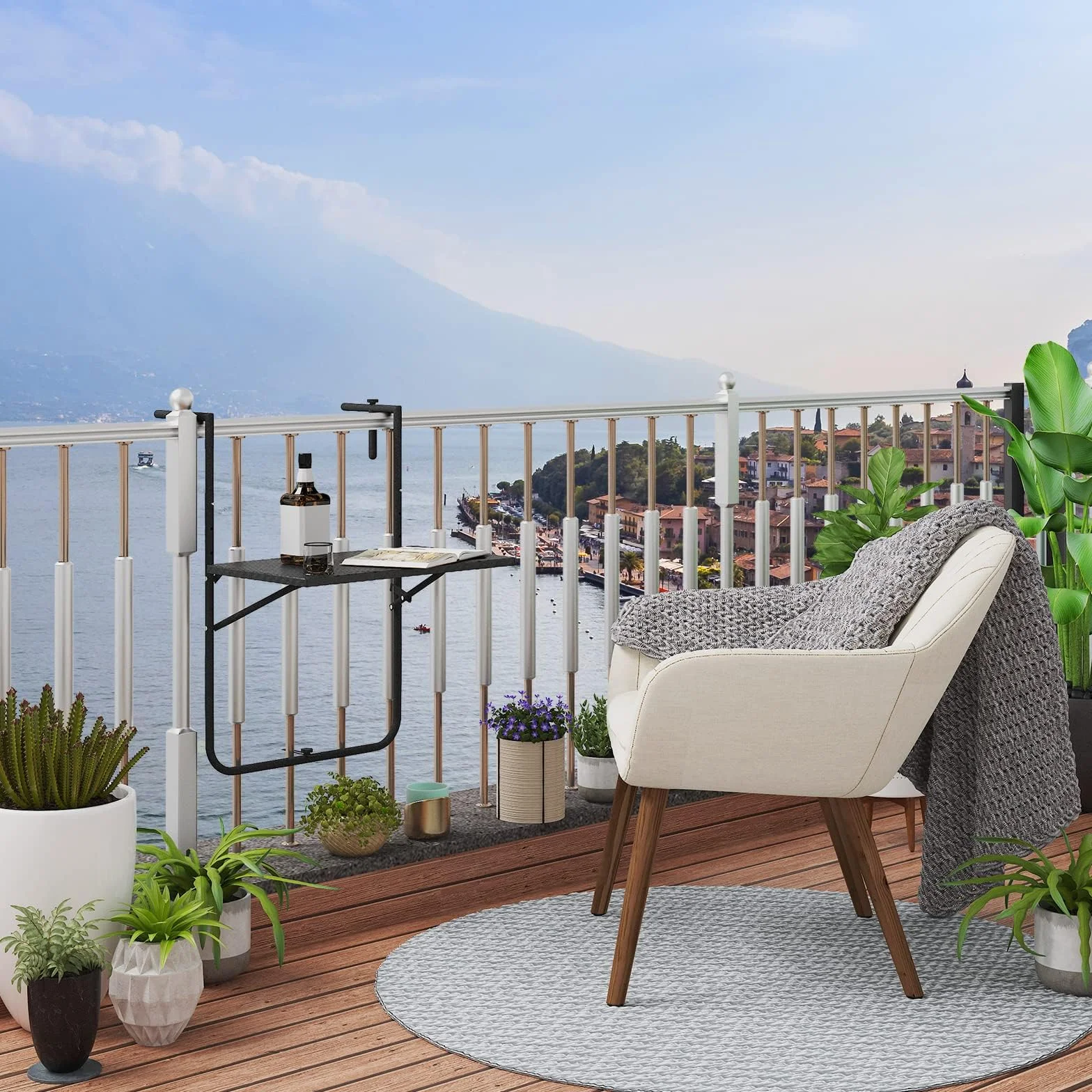 WOLTU Tavolino Pieghevole da Balcone Regolabile in 3 Altezze, Tavolo Sospeso per Ringhiera, Rattan, Nero