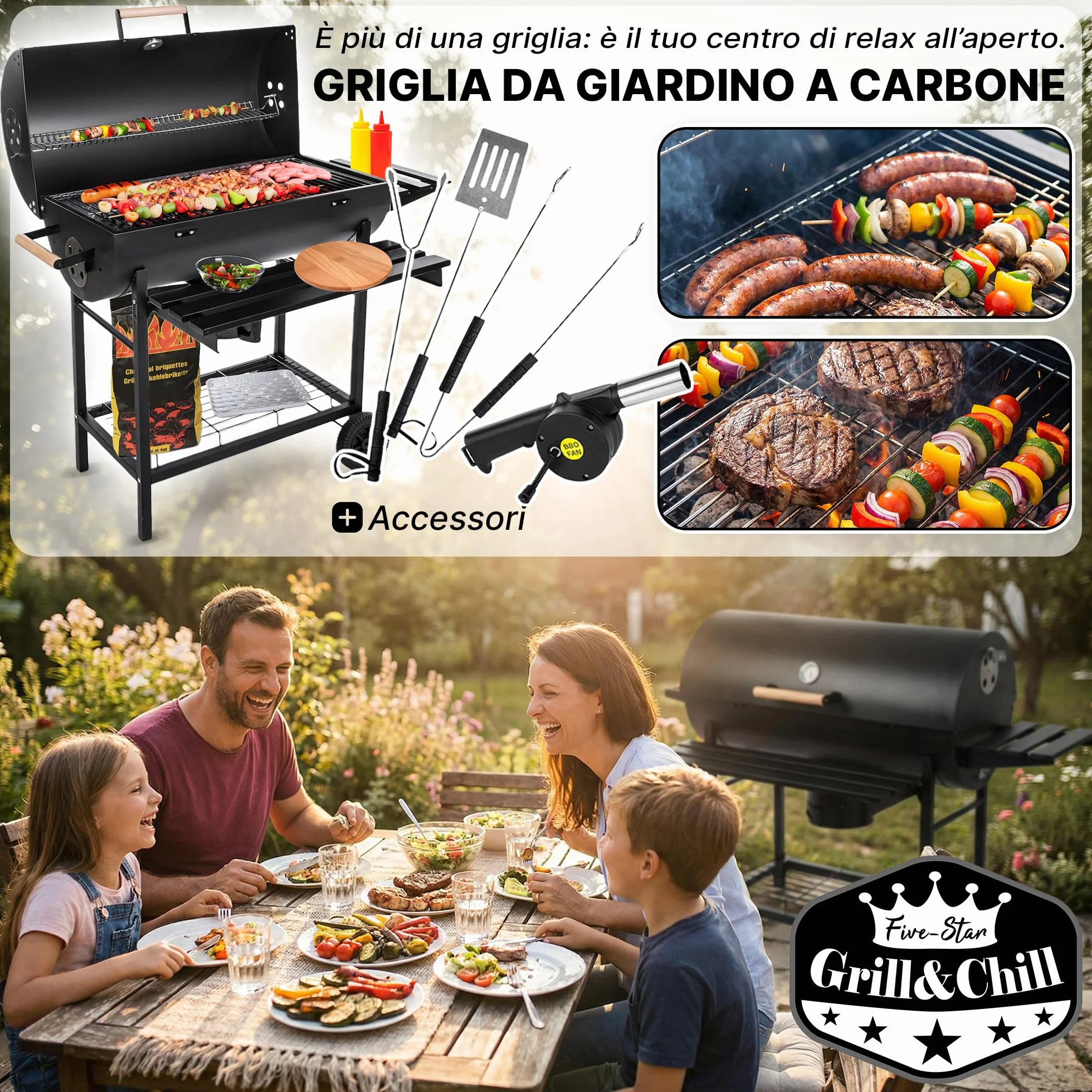 Grill & Chill Barbecue a Carbone 71×35 cm Coperchio con Termometro Acciaio Nero