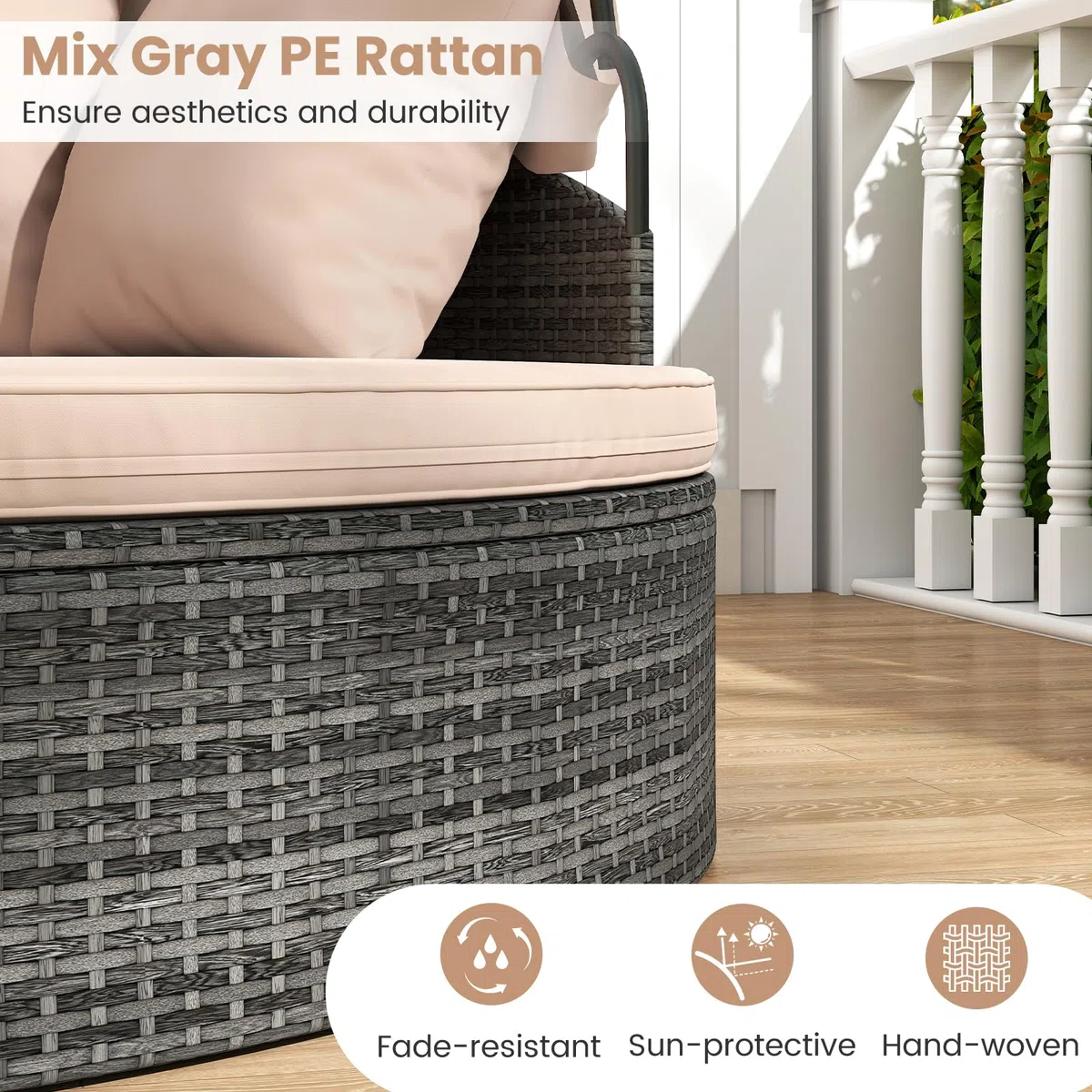 LIFEZEAL Isola Prendisole, Rattan Intrecciato a Mano, Componibile, Letto con Tettuccio Parasole Regolabile da Giardino Esterno, Salttto con Divani, Tavolino, Cuscini, Balcone, Mare, Piscina (beige)