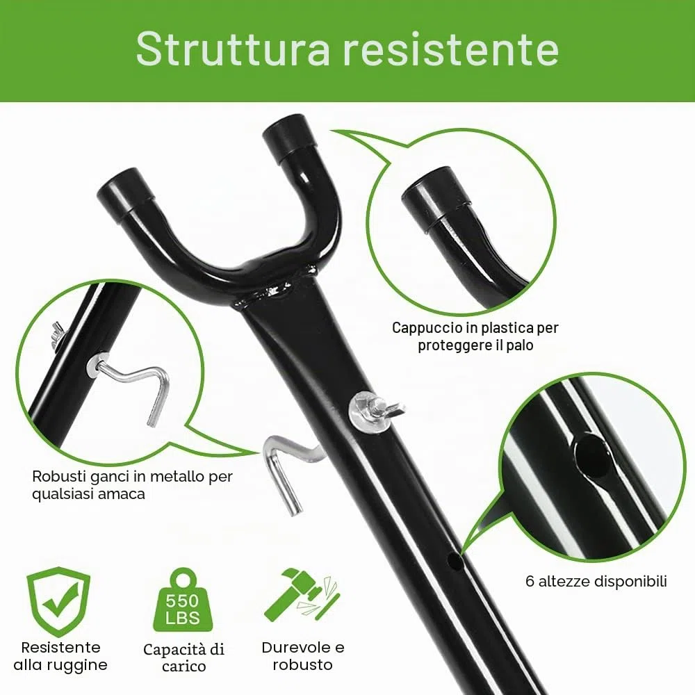 Goutime Supporto per amaca portatile con borsa per il trasporto,Altezza Regolabile,adatto per amache lunghe 2,6 m, Supporto in Metallo da Esterno per Giardino e Terrazza,capacità 250kg nero