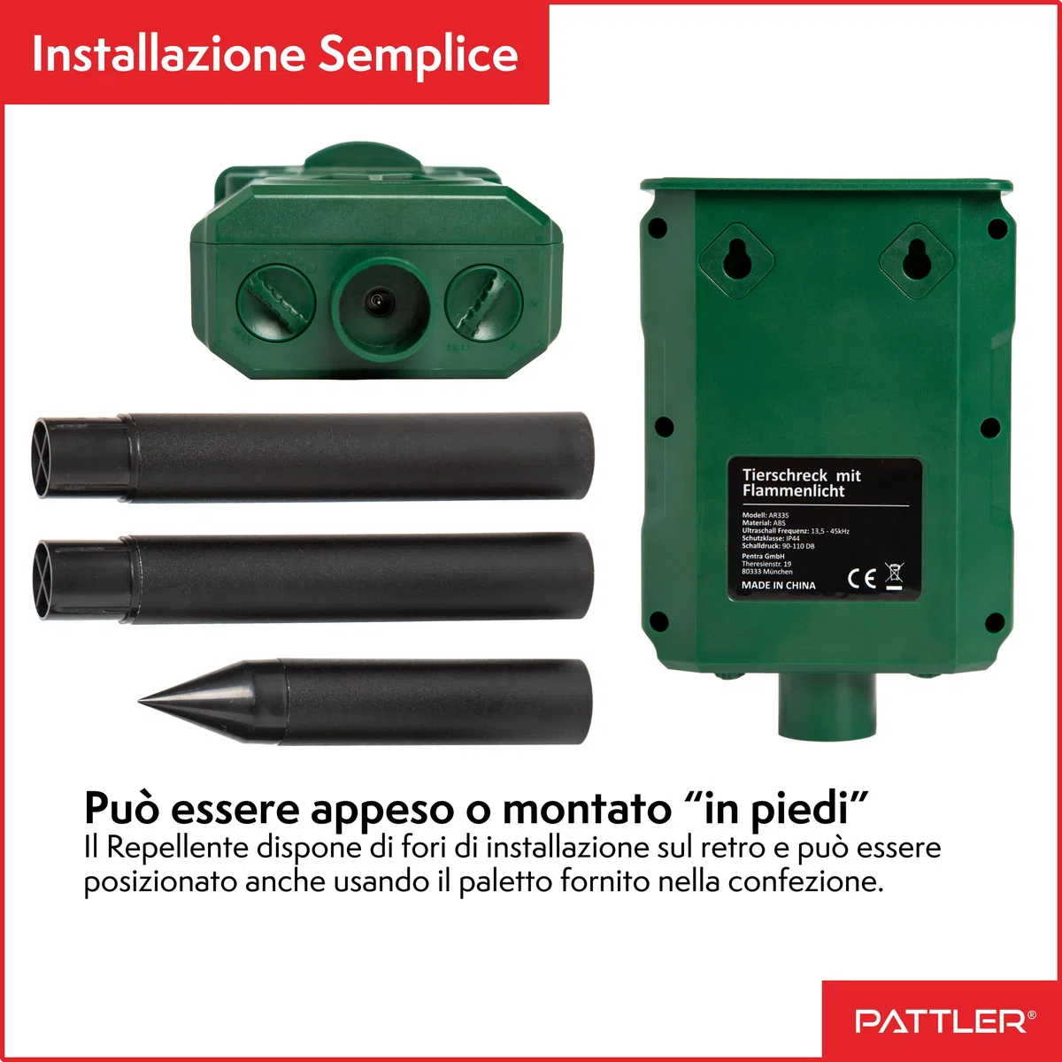 PATTLER Repellente Ultrasuoni Solare per Gatti e Animali - Efficace Dissuasore per Gatti, Piccioni e Altri Animali - Ideale per Fattorie, Giardini e Cortili