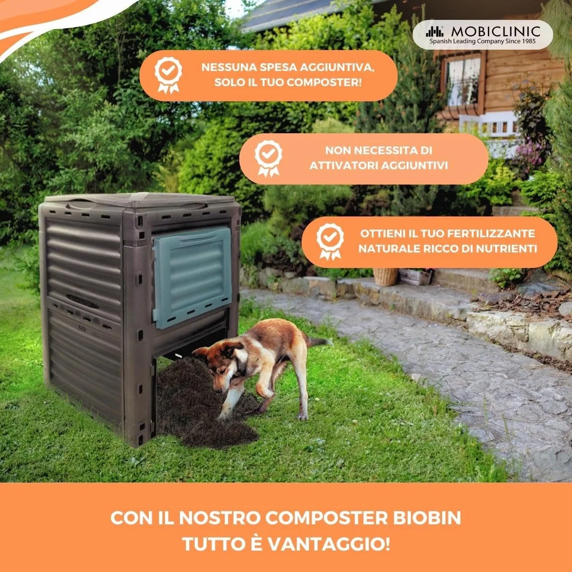 Mobiclinic®, Compostiera da giardino, Biopattumiera, Senza costi aggiuntivi, 300l, Ecologico, Trasformatore di rifiuti, Attrezzi, Griglie ventilazione, Plastica riciclata