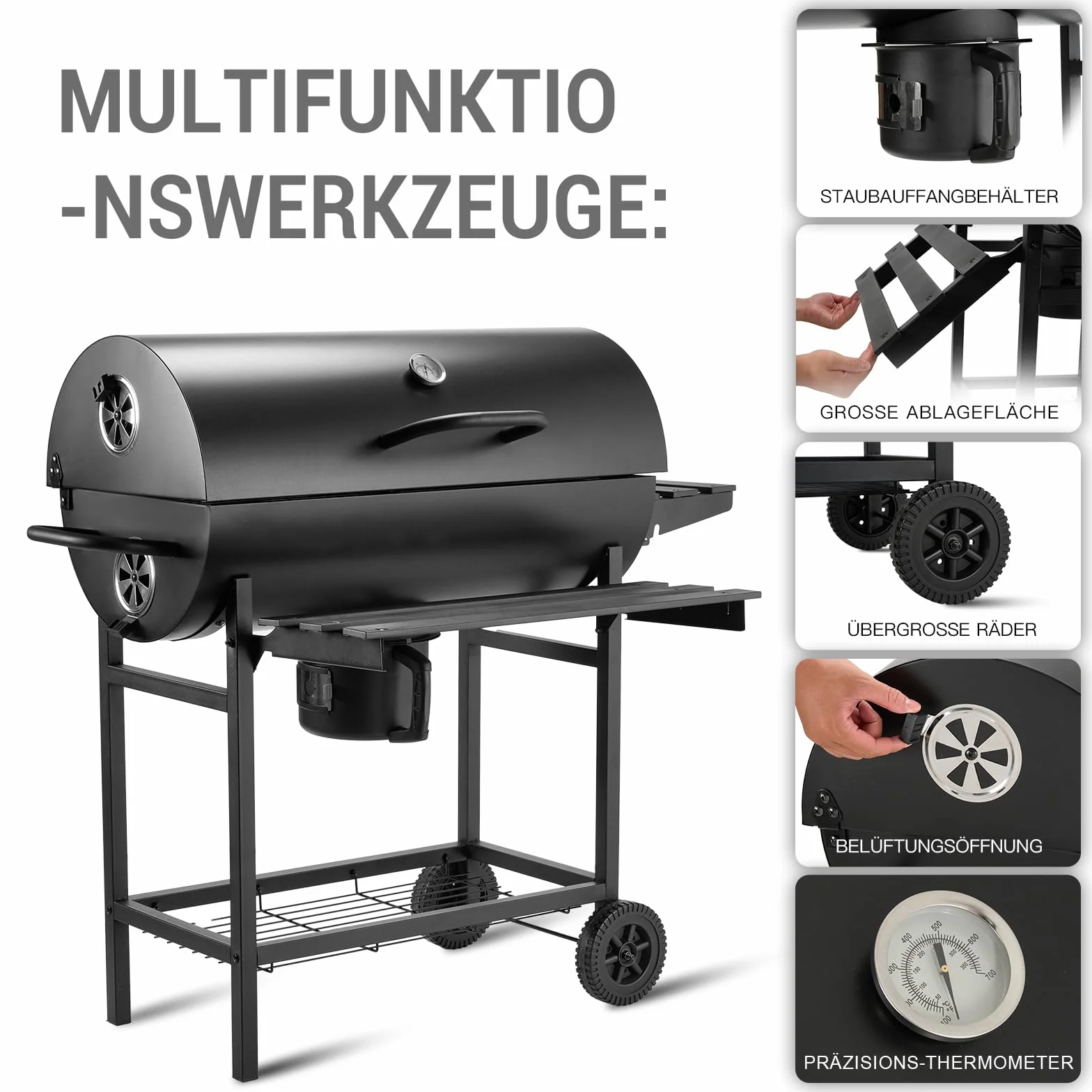TEENO Barbecue Carbonella XXL z Grillem, Rękawice Antybakteryjne, Termometr, Szafka Popielnik, Regulowany Wylot