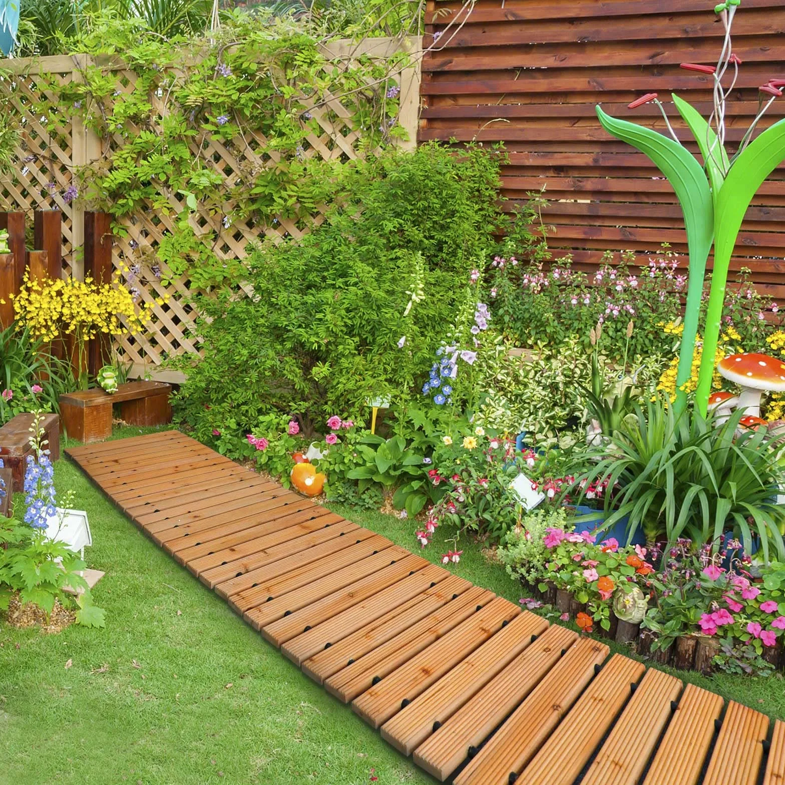 RELIANCER Percorso da giardino in legno, passerella dritta in cedro srotolabile all'esterno, vialetto decorativo da giardino, passerella da giardino, passerella, resistente alle intemperie, pavimento
