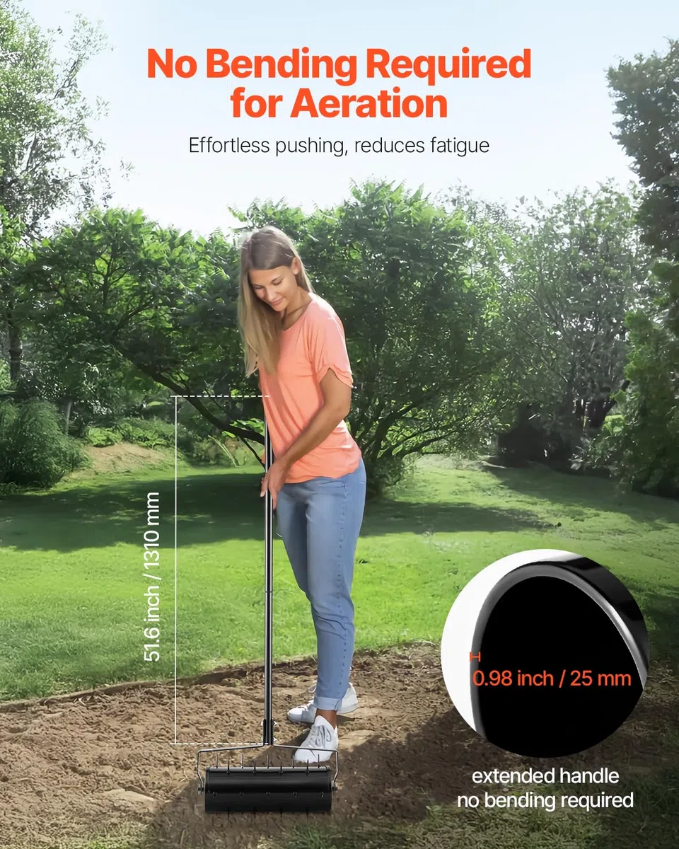 VEVOR Arieggiatore per Prato Rotante Manuale 457,2 mm con 27 Punte in Ferro, Manico Staccabile, Nero