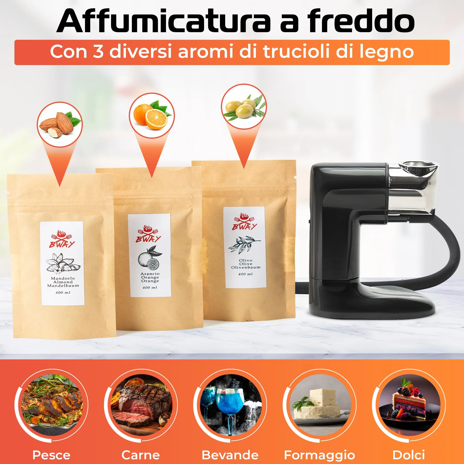 Affumicatore da Cucina Professionale BWAY a Freddo con 3 Aromi di Trucioli - Smoking Gun per Whisky