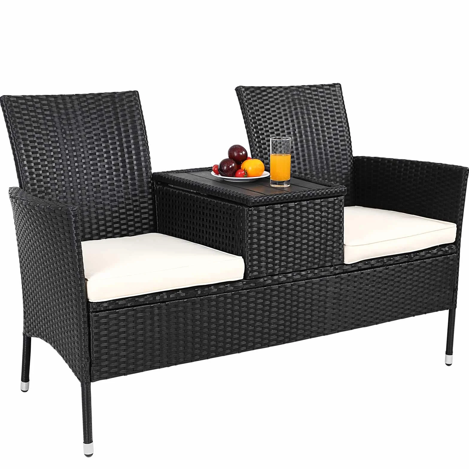Casaria® Panchina da Giardino Poly Rattan 143x64x88cm Tavolino Portaoggetti Salottino Outdoor Balcone Terrazza 2 posti