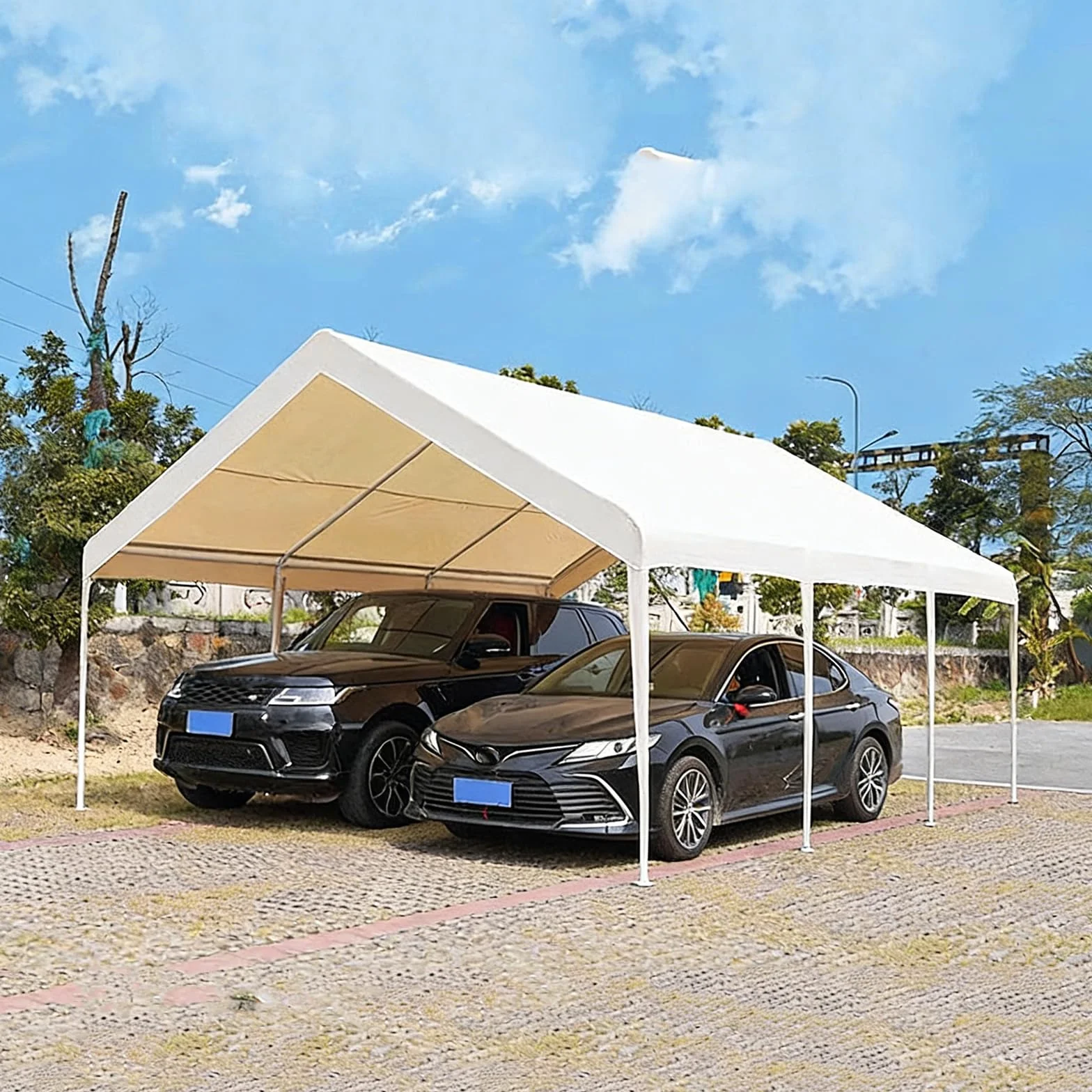 Grande tettoia impermeabile per bicicletta auto moto camper trattore SUV con telaio in metallo 5 x 6 m bianco