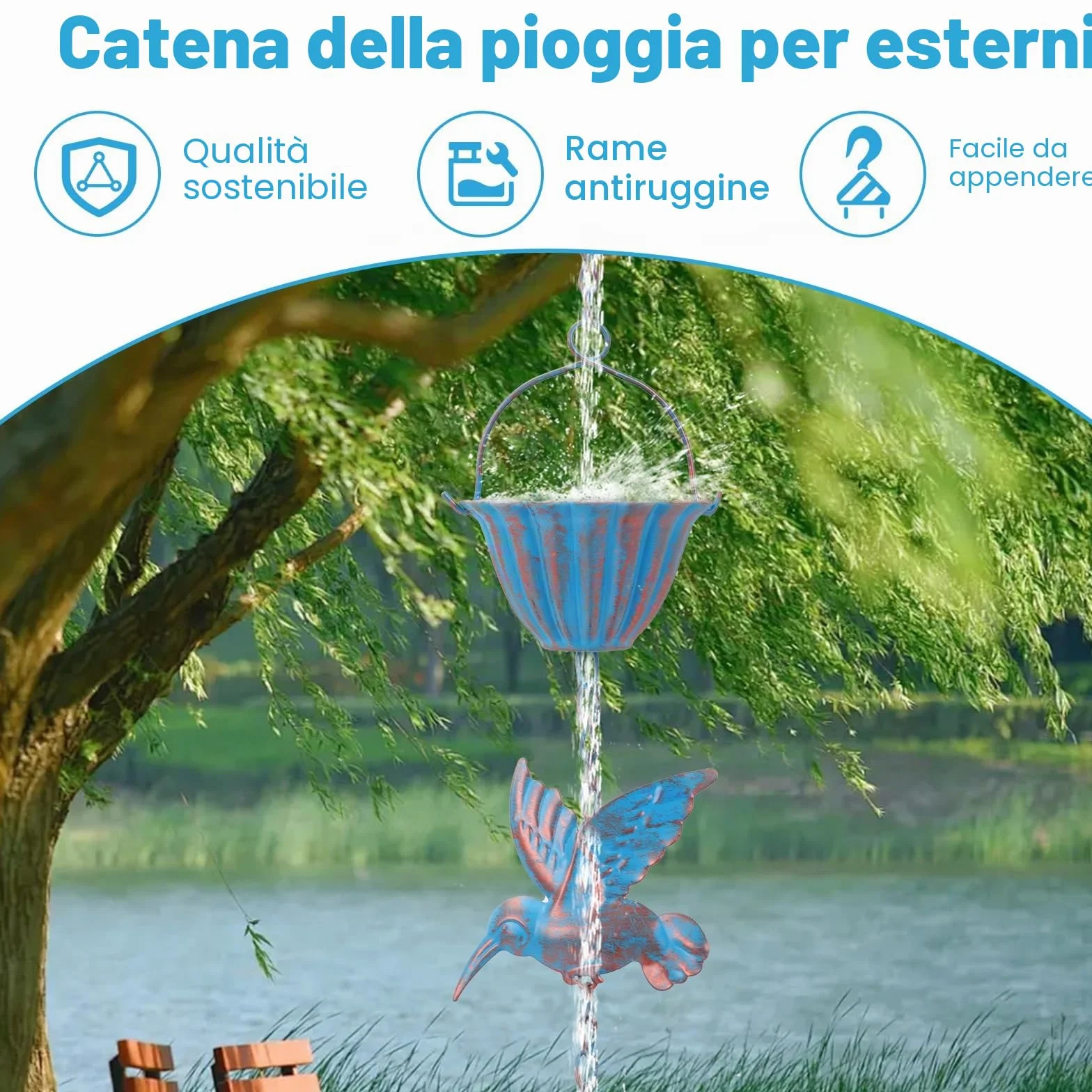 BigKing Catena per Acqua Piovana Colibrì per Grondaie, 2.4m Catena Antipioggia Sospesa per Il Drenaggio dell'Acqua, Catena per Grondaia, Deviatore per Acqua Piovana Esterna, Eaves Drainage