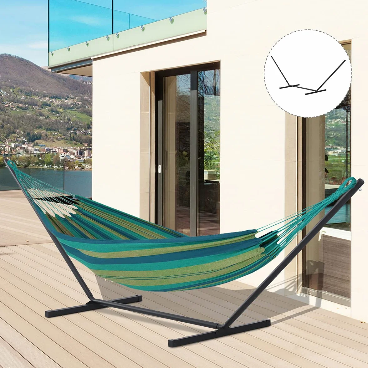 Outsunny Supporto per Amaca 330-360 cm per Interno ed Esterno con Bordi in Gomma, Sostegno per Amaca in Metallo, 360x92x112 cm, Nero