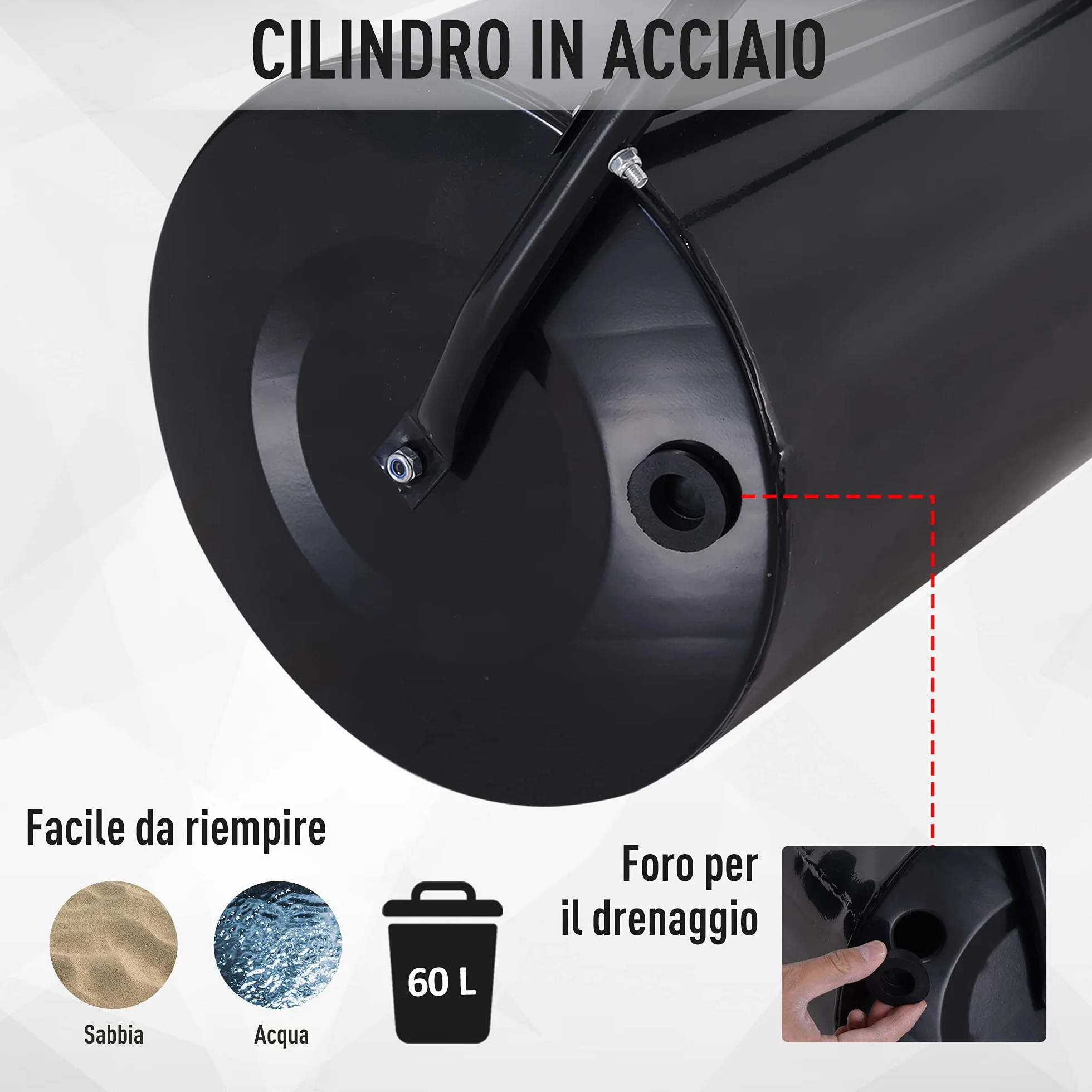 Outsunny Rullo da Giardino in Metallo Impermeabile Nero, Serbatoio Fino 60 Litri (Acqua o Sabbia), 57x40x123cm