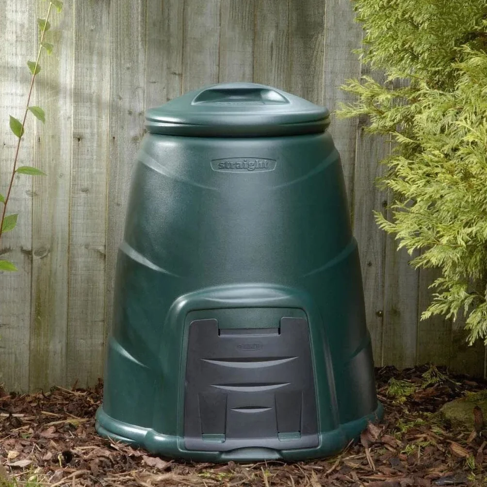 Invopak - Bidone di compostaggio da giardino in plastica riciclata da 220 litri con portello e coperchio antivento pronto all'uso - Verde