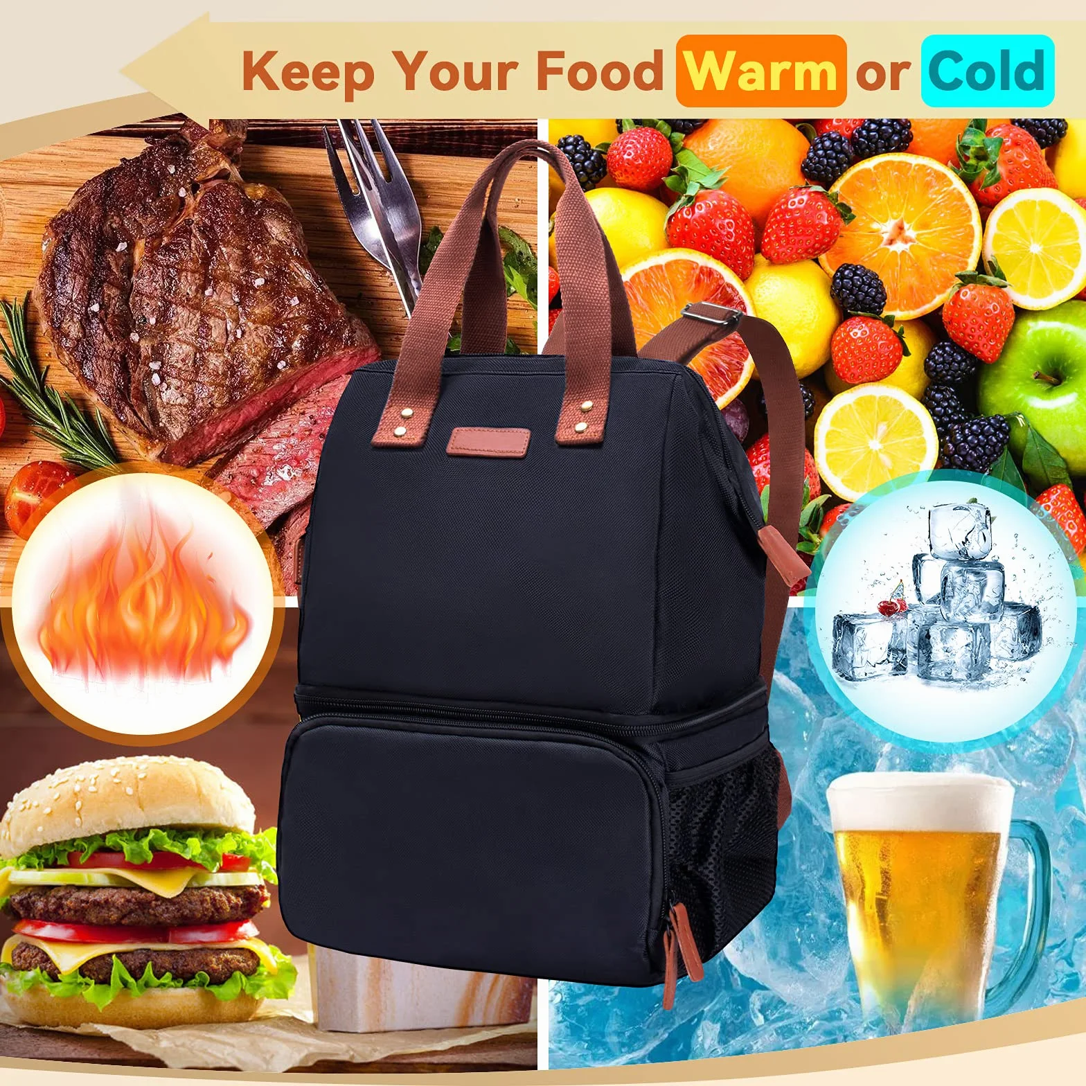 Borsa Zaino Termico 20L Doppio Strato Isoterma Porta Pranzo Nero