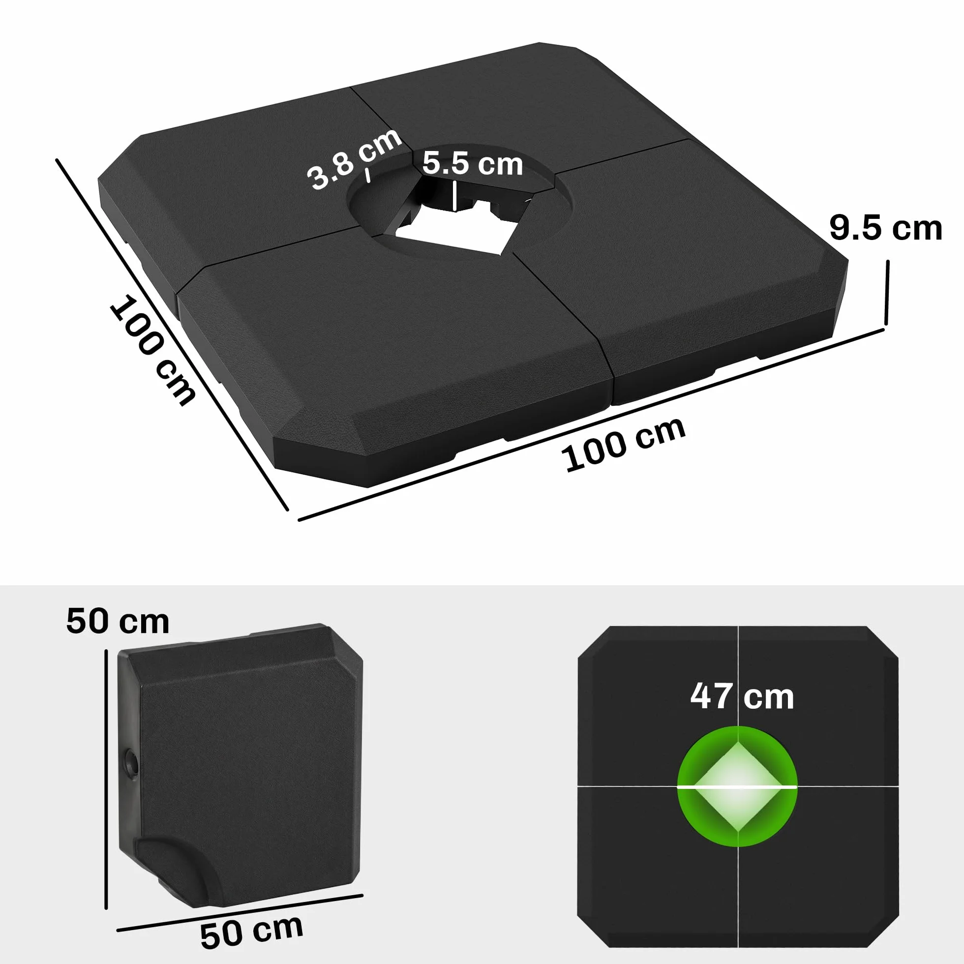 Outsunny Base per Ombrellone a Braccio da 4 Pezzi, Basamento Riempibile con Acqua o Sabbia per Basi a Croce da 100x100cm, Nero
