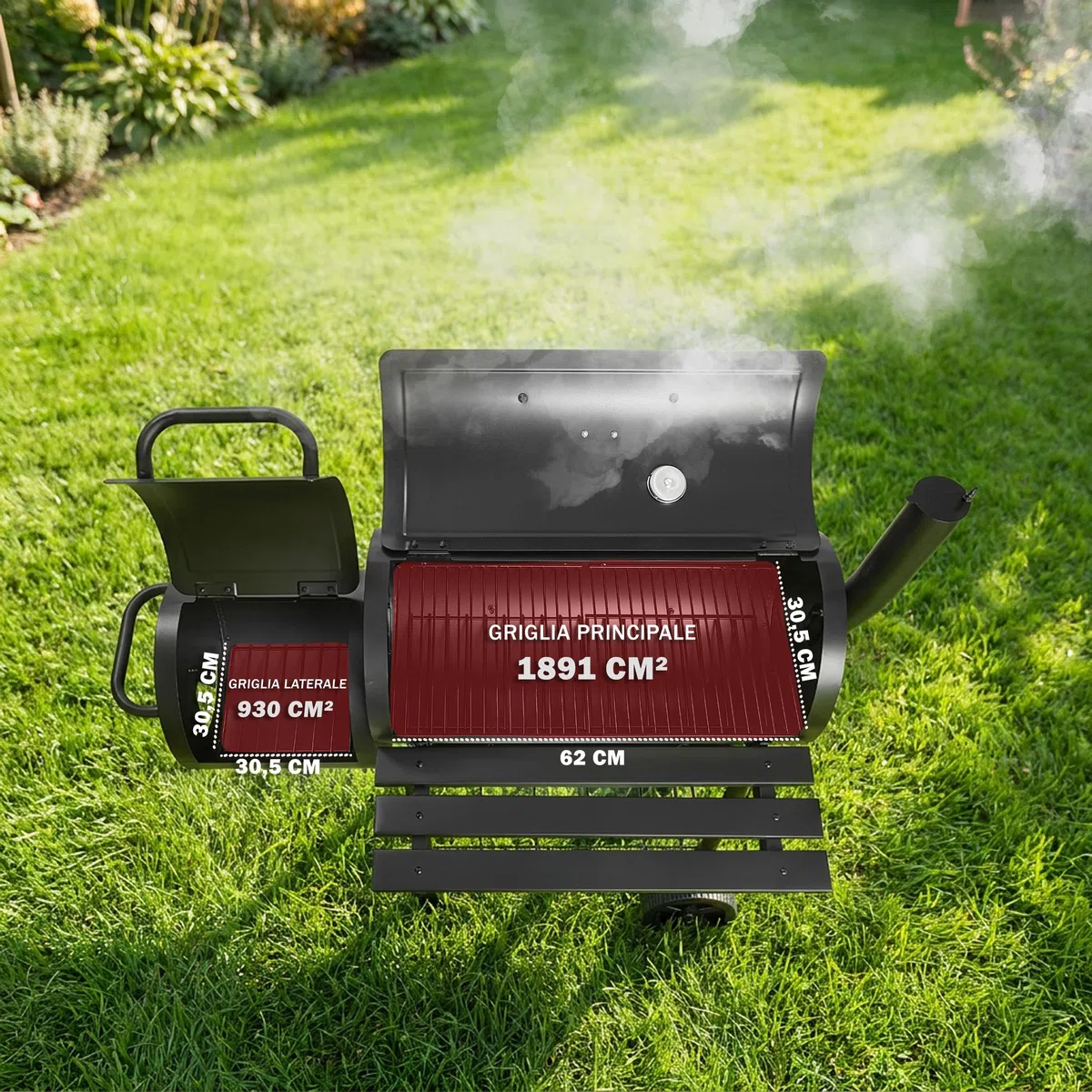 LEHMANN Barbecue a Carbonella e Affumicatore 2 in 1, BBQ Griglia di Cottura XXL, Coperchio con Termometro e Maniglia Antiscottatura, 2 Ruote, Tavolini Laterali Pieghevoli & Ripiano Inferiore, Nero