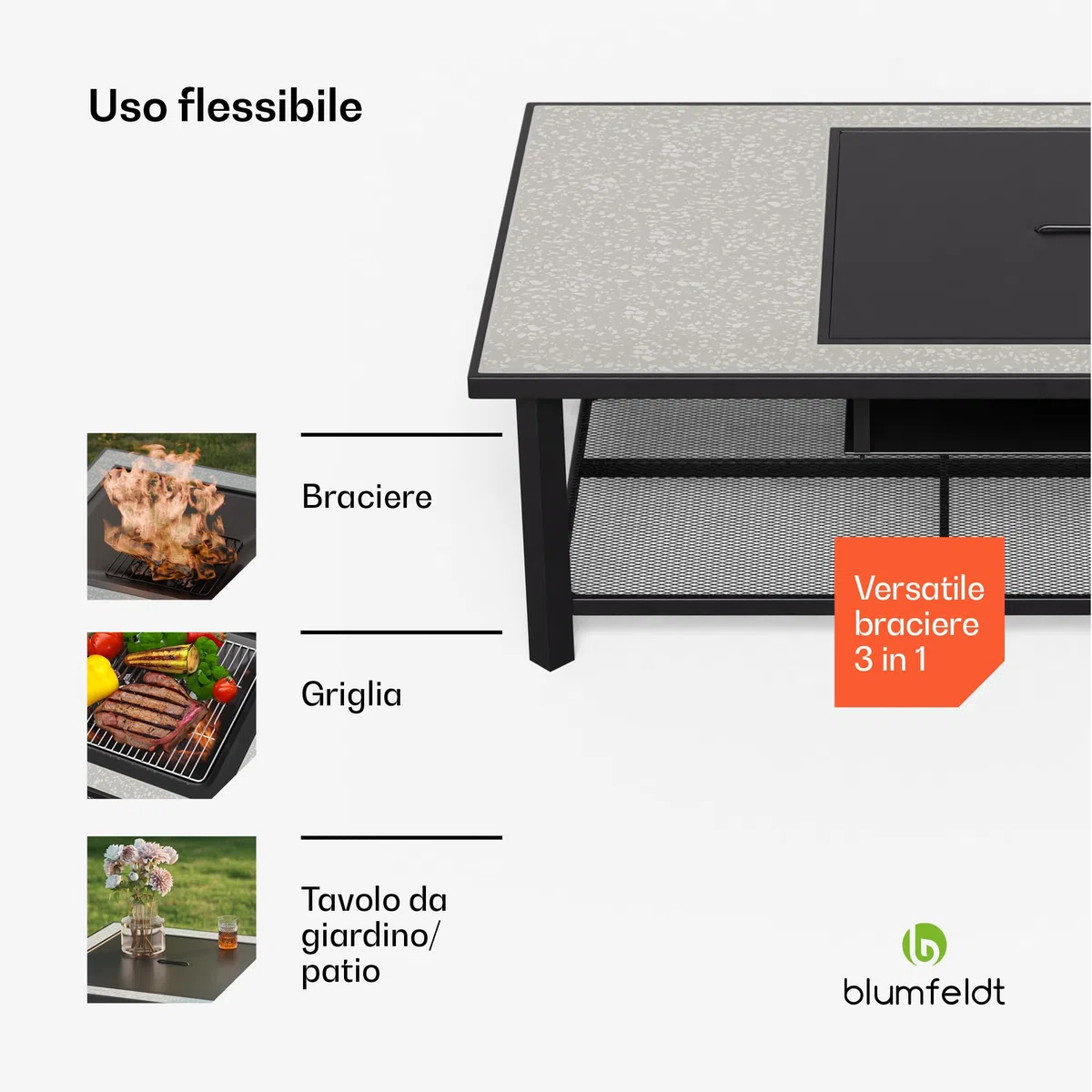 blumfeldt Merano Avanzato L Braciere da Giardino - 3-in-1 Braciere Barbecue & Tavolo, Telaio in Acciaio, Piano in Terrazzo, Include Griglia, Attizzatoio, Parascintille & Coperchio, Nero