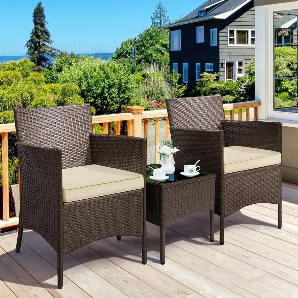 Yaheetech Set Mobili da Giardino 2 Poltrone e 1 Tavolino in Rattan PE Impermeabile Marrone