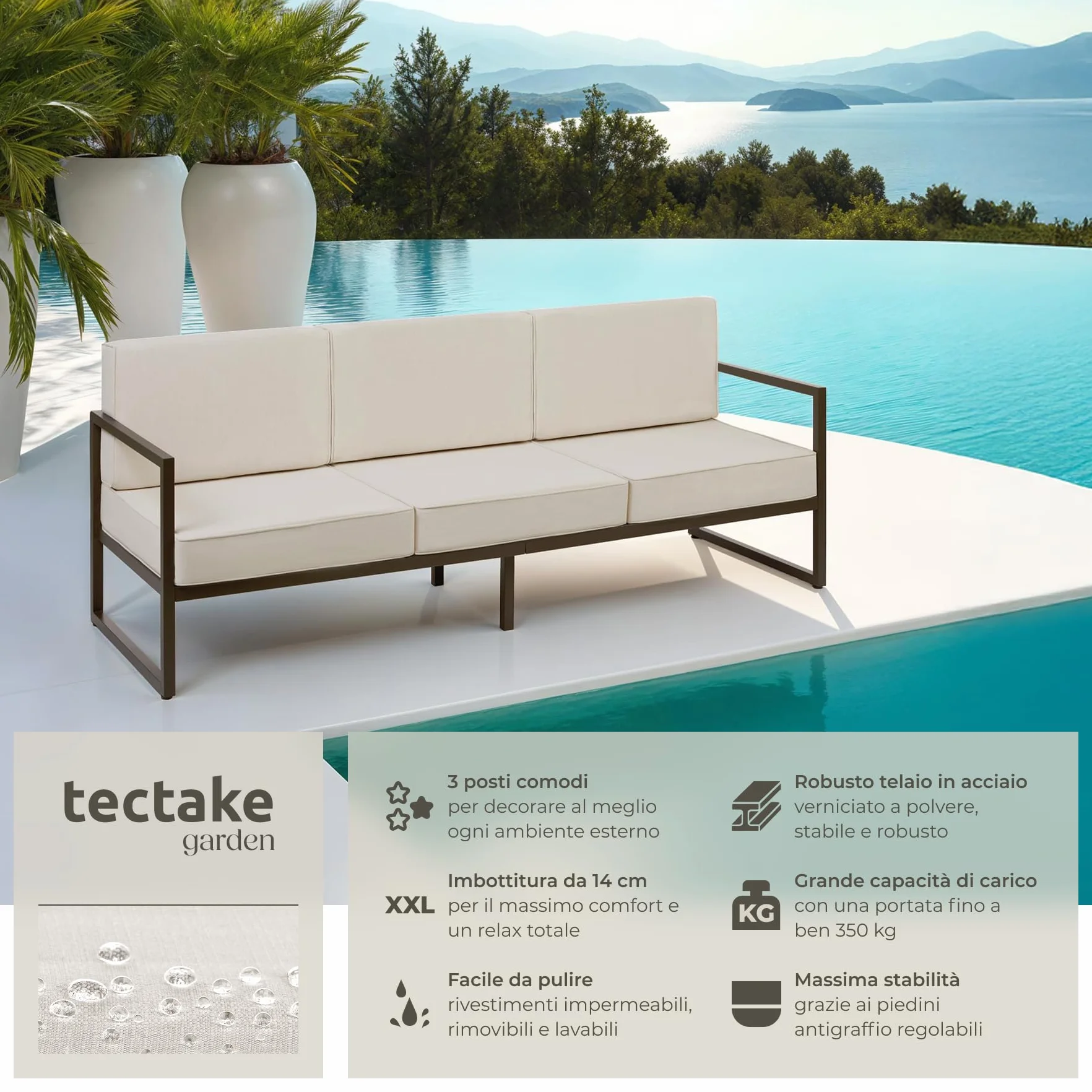 Tectake Divano da Giardino Comosa 3 Posti Imbottitura XXL Acciaio Verniciato