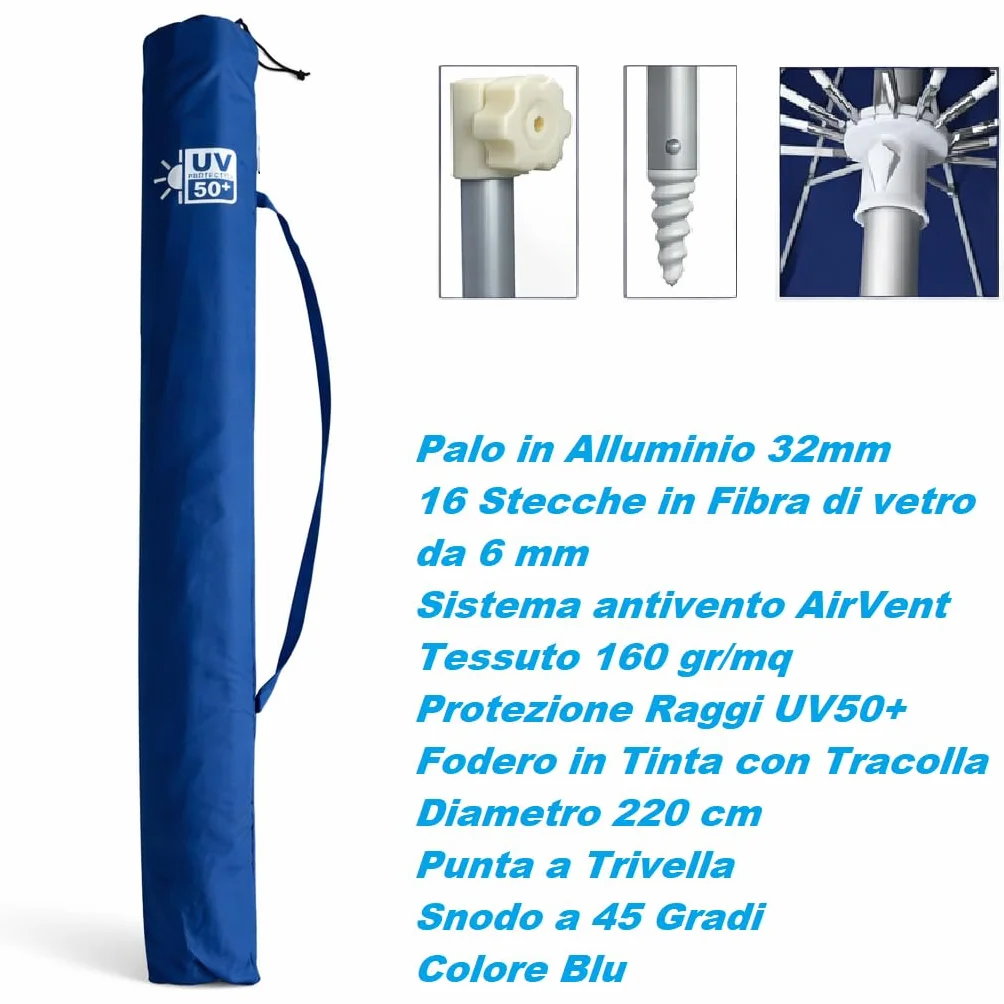 DANYX Ombrellone Mare 220 cm Antivento UV50+ 16 Stecche Fibra di Vetro Palo Alluminio Inclinabile Airvent