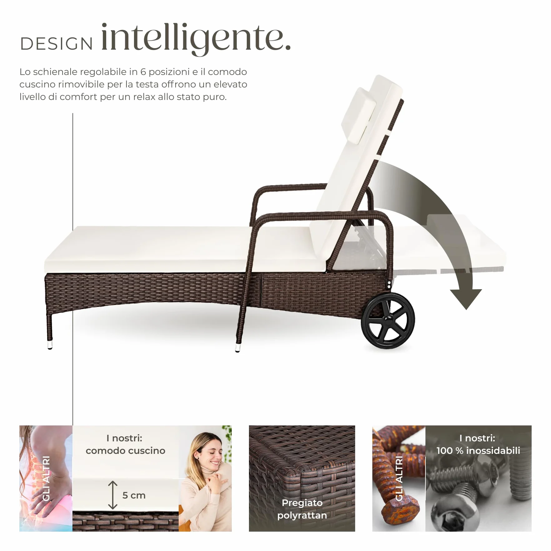 tectake® Lettino Poly Rattan Arredo Esterno Giardino, Sdraio Prendisole, Sdraio da Giardino, Terrazzo, Balcone, Sdraio piscina, Ruote Gommate, Arredo Interno Divano Sedia - Marrone Misto