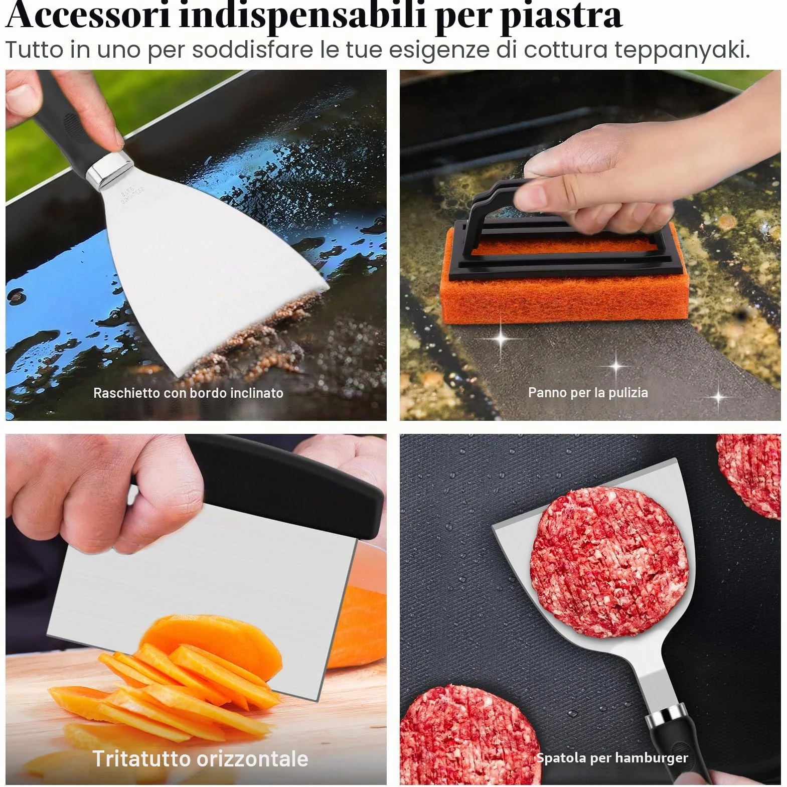 Grilliance 27PCS Griglia Set di Spatola Plancha Accessori per Uomini, Kit Utensili Barbecue Teppanyaki Acciaio Inox, Professionale Hibachi Smasher Burger set Regalo con Hamburger Pressa, Patty Maker