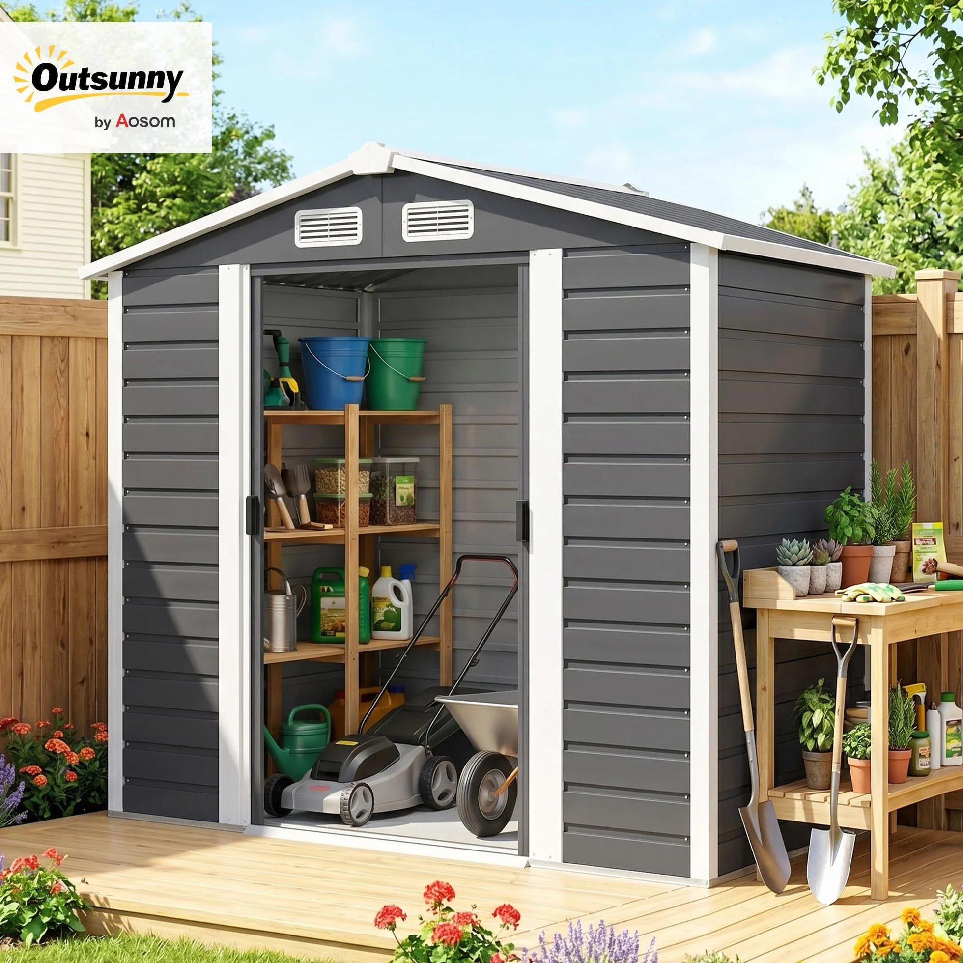 Outsunny Casetta da Giardino 2.36 m² Lamiera d'Acciaio 4 Prese d'Aria 2 Porte Scorrevoli Capanno Porta Attrezzi Tetto Inclinato 213x120x194 cm Grigio Scuro