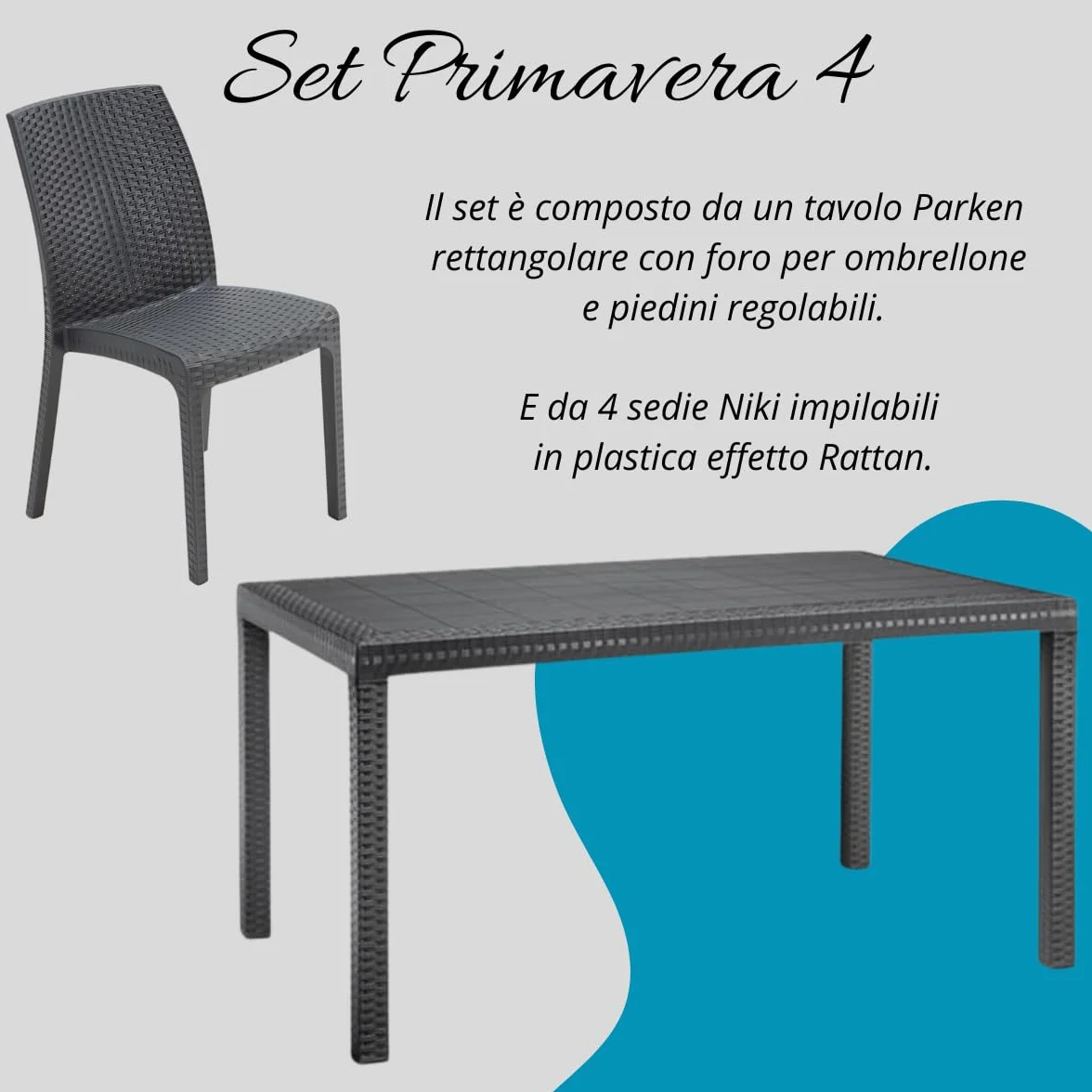 Tomaino Set Tavolo e Sedie Da Giardino in Plastica 4 Posti Impilabili Effetto Rattan Nero