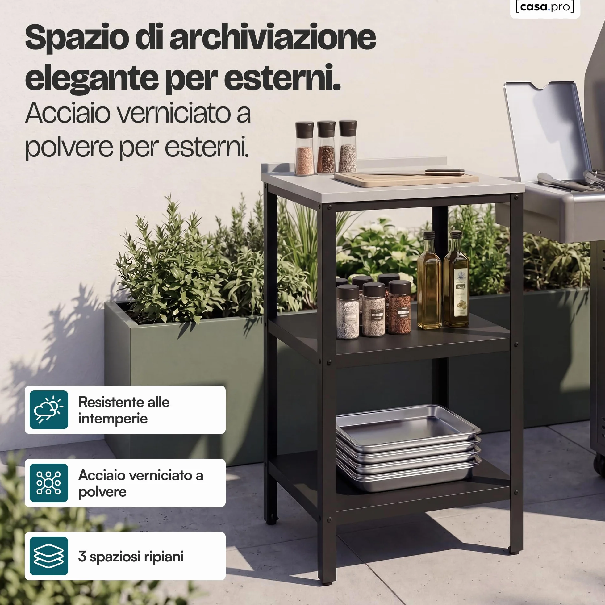 casa.pro Bancone da Giardino Scaffale da Esterno a 3 Ripiani 92 x 50 x 50 cm Mobile in Acciaio con Piedini Regolabili per Livellare - Argentato/Nero opaco