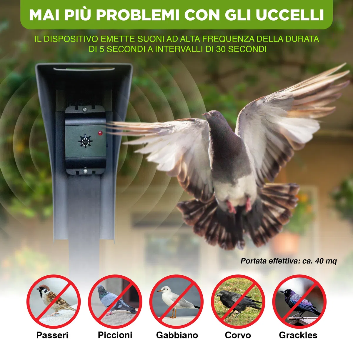 ISOTRONIC dissuasore uccelli ultrasuoni piccioni passeri gabbiani corvi batteria balconi tetti giardini raggio 40m² 3 unità efficace esterno protezione difesa stop volatili ecologico mobile