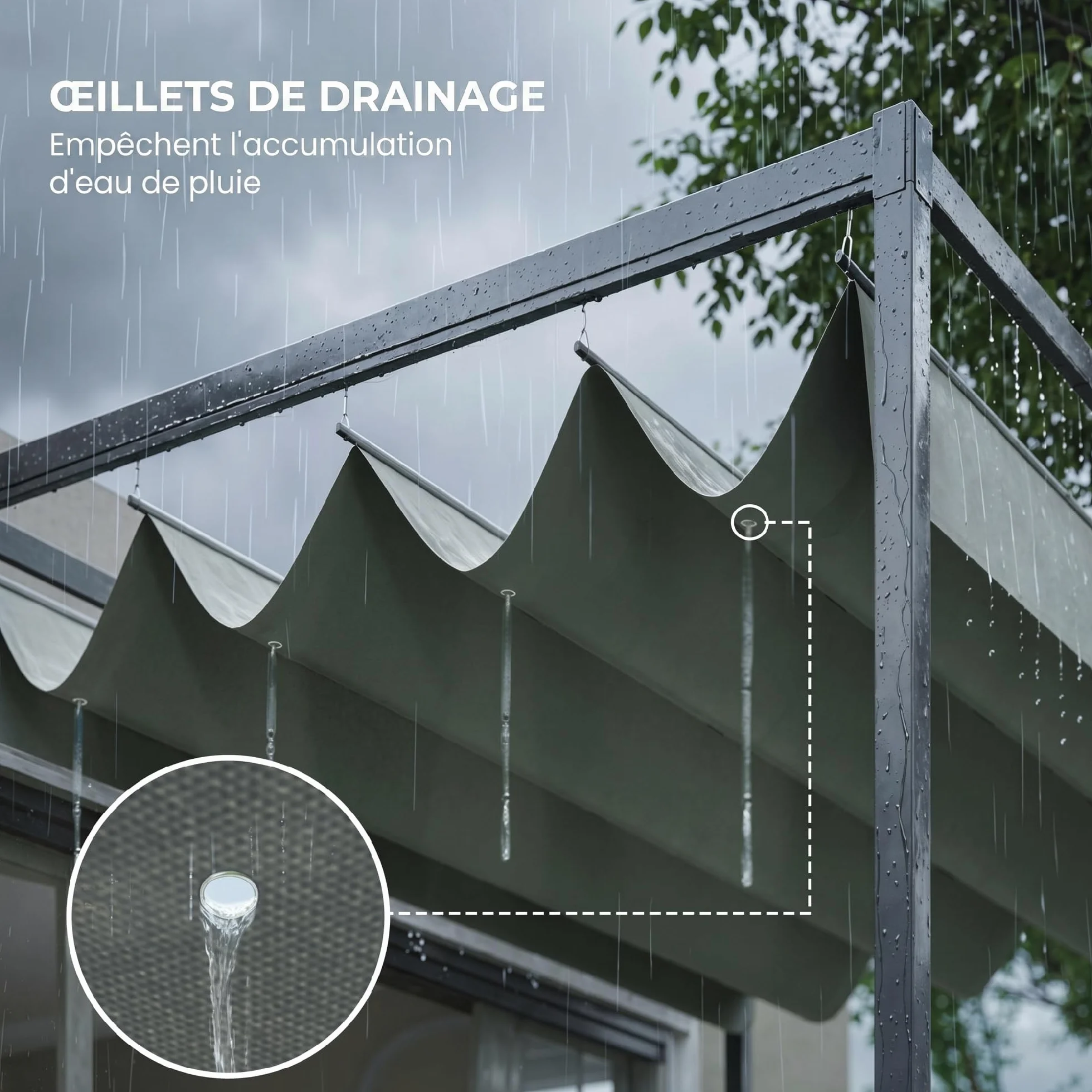Outsunny Gazebo Pergola 3x2 m con Tettuccio Retrattile, Drenaggio, Picchetti e Viti, Poliestere e Metallo, Grigio