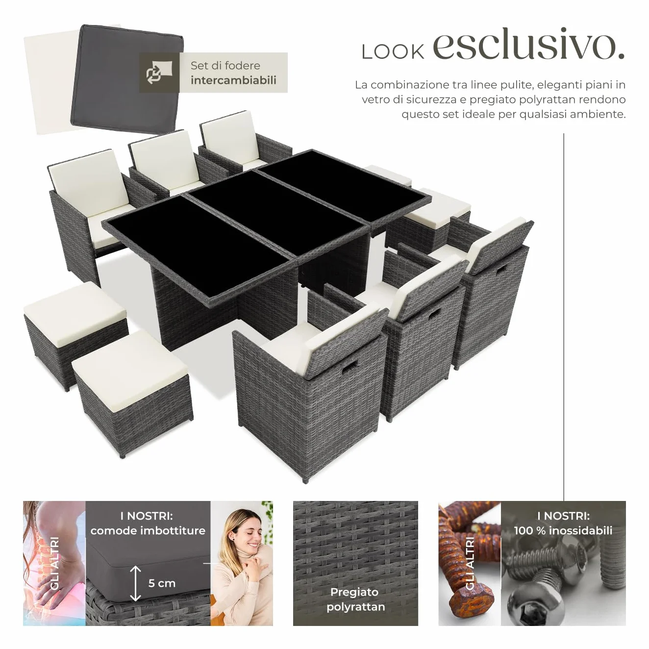 Set di Mobili da Giardino Poli Rattan Alluminio 6 Sedie 1 Tavolo 4 Sgabelli Grigio