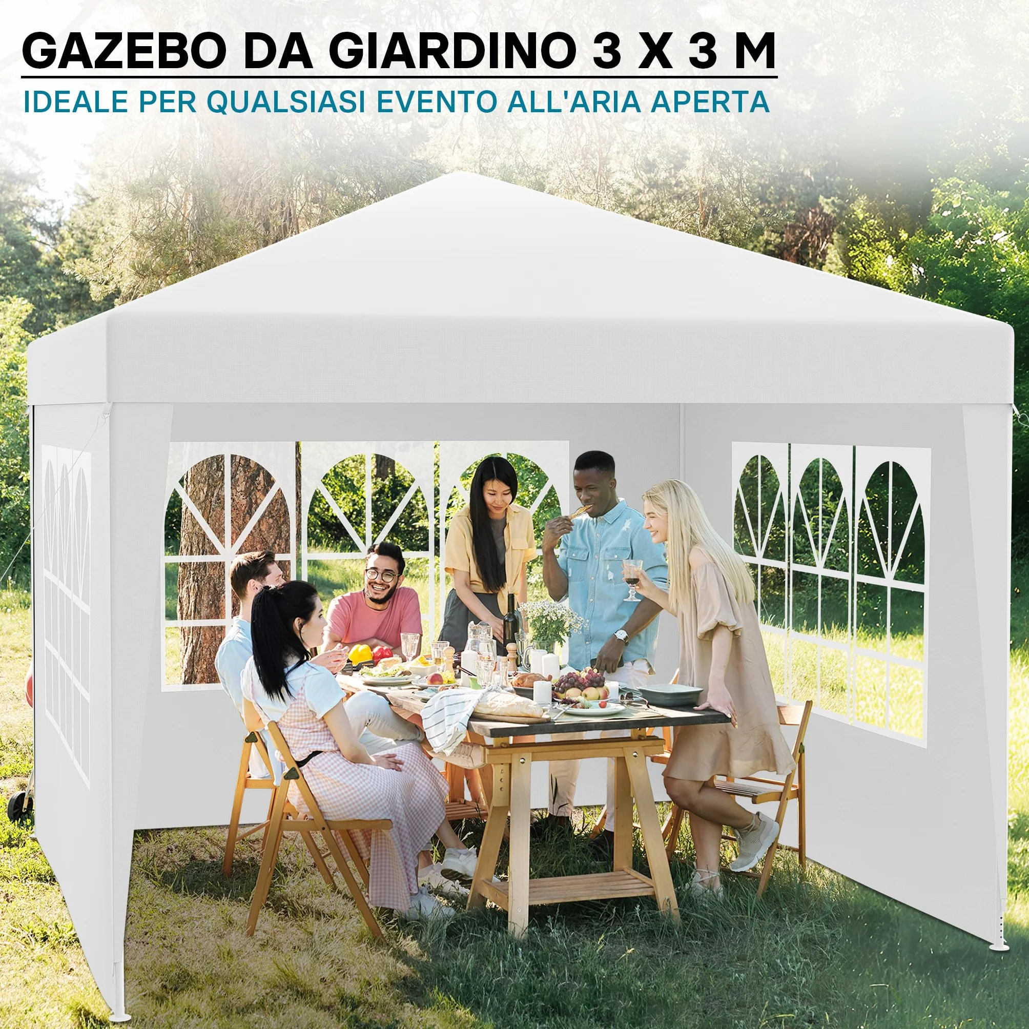 Wiltec Gazebo 3x3 m bianco protezione UV 50+ tendone da giardino lati rimovibili tenda da festa finestre