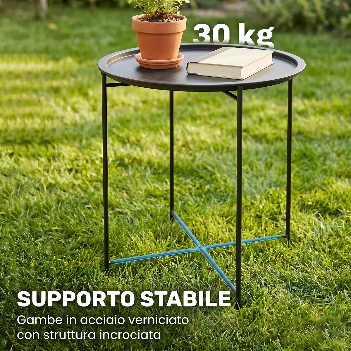 Outsunny Tavolo da Giardino Rotondo in Acciaio Ø46 cm con Vassoio Rimovibile e Gambe Pieghevoli Nero