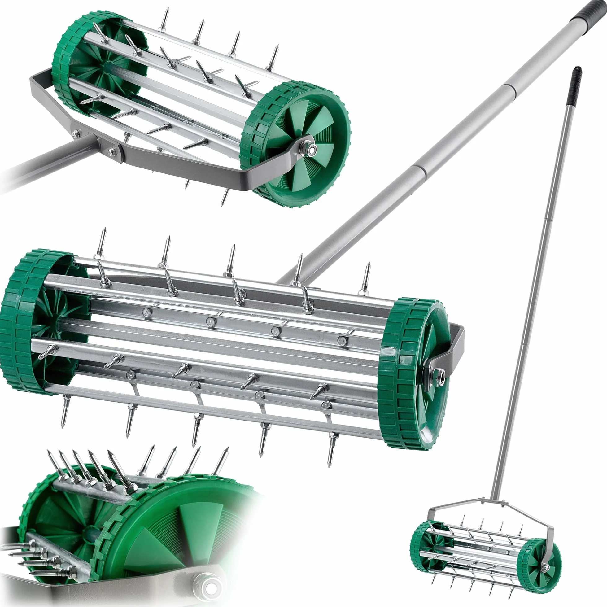 KADAX Aeratore manuale per prato in acciaio robusto, aeratore manuale con chiodi da 3,3 cm, aeratore a pavimento con impugnatura ergonomica, rullo robusto (148 cm)