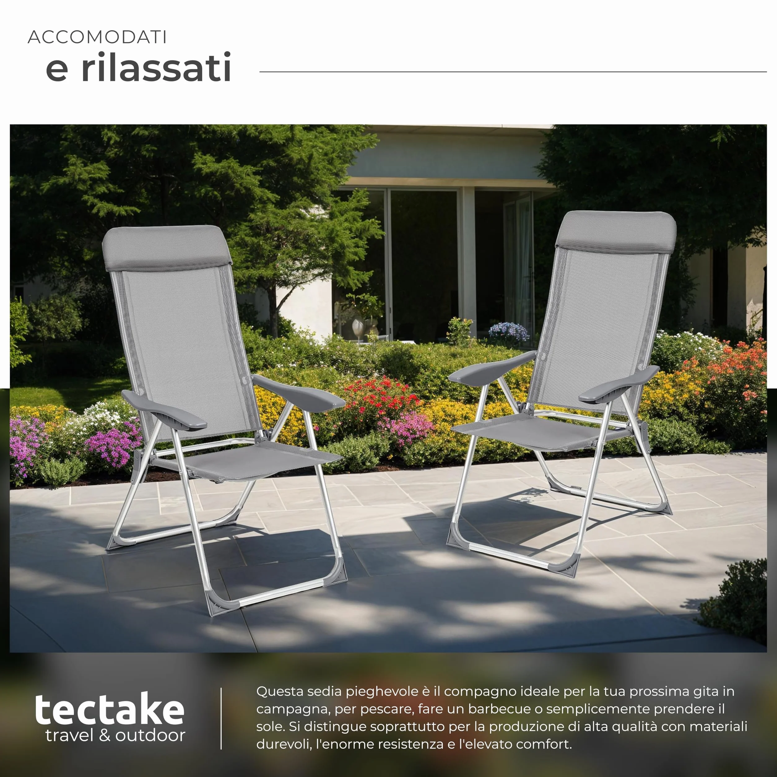Tectake Set 4 Sedie da Giardino Pieghevoli con Braccioli, Rete Ventilazione, Schienale Regolabile 5 Posizioni, Grigio