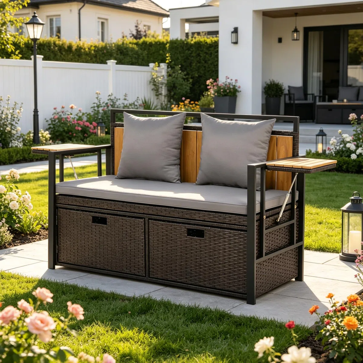 SOARS Divano da Giardino 2 Posti, Panchina da Esterno in Rattan PE con Contenitore, Cuscini Imbottiti e Tavolini Pieghevoli, Salotto da Giardino per Balcone e Terrazza, 120 x 51 x 82 cm (Grigio)