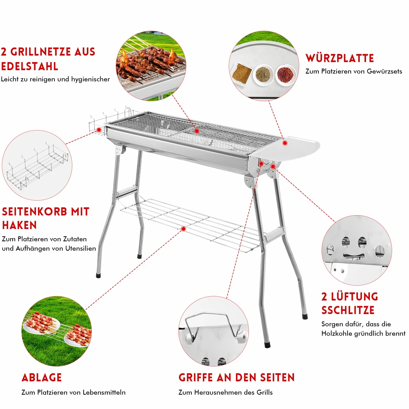 Barbecue a carbonella portatile in acciaio inox 73 x 28 x 76 cm