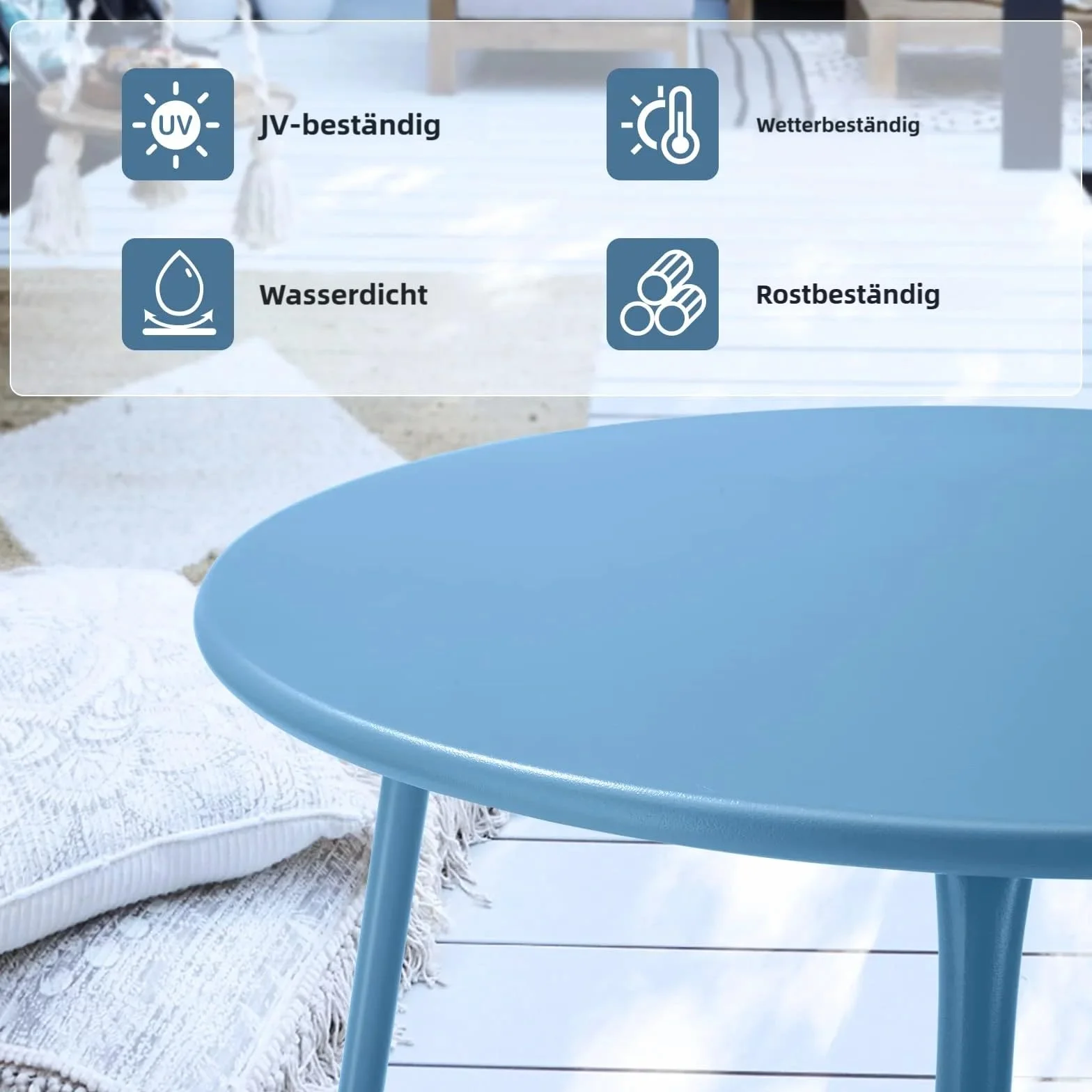 Fokebel Tavolino piccolo in metallo, da giardino, rotondo, tavolino da caffè e tavolino con gambe regolabili (blu, Ø 45 x 45 h)