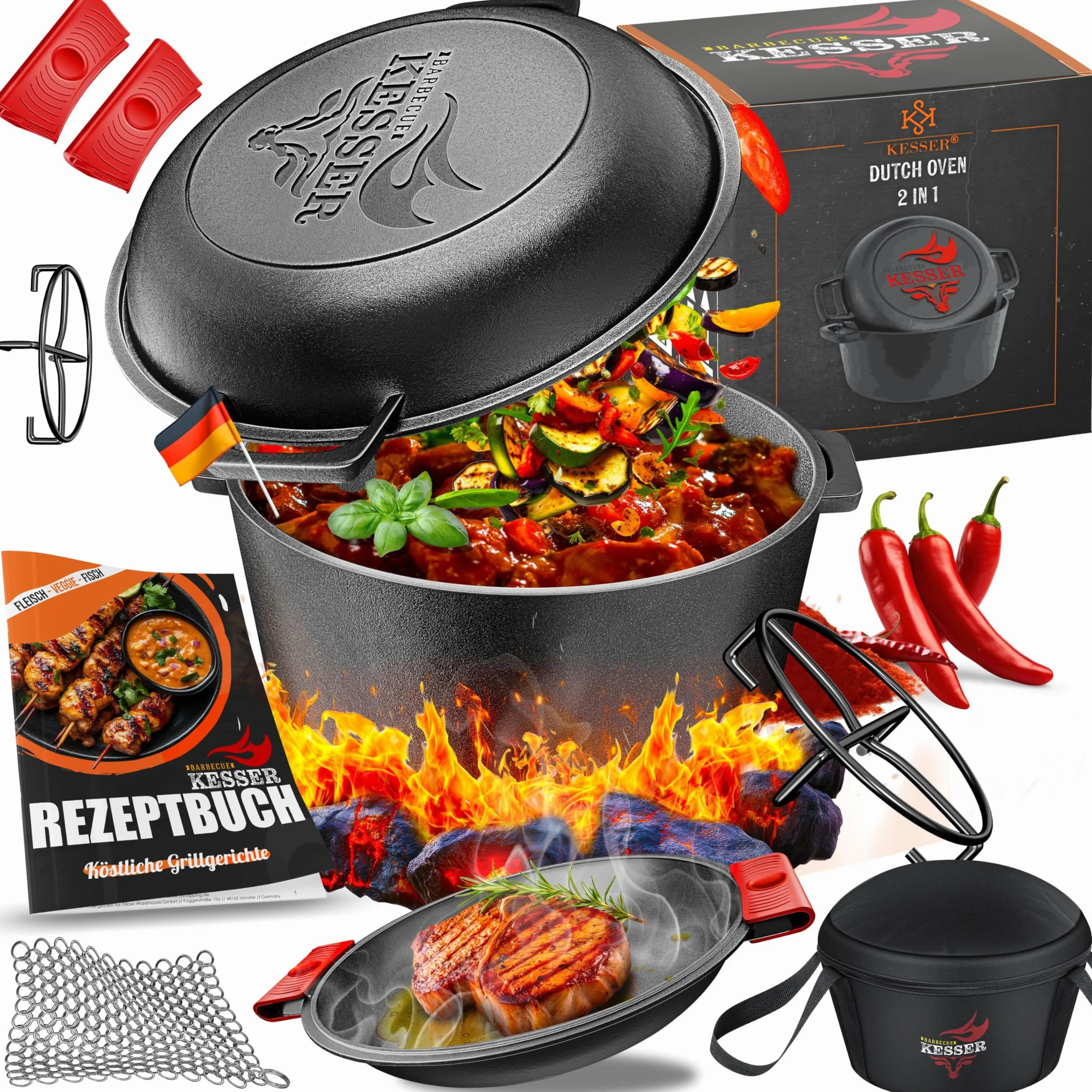 KESSER® Forno Olandese pentola in ghisa 2in1 da 4,8 l e padella da 1,8 l pronta per l'uso incl. Ricettario Casseruola Coperchio/padella a doppia funzione