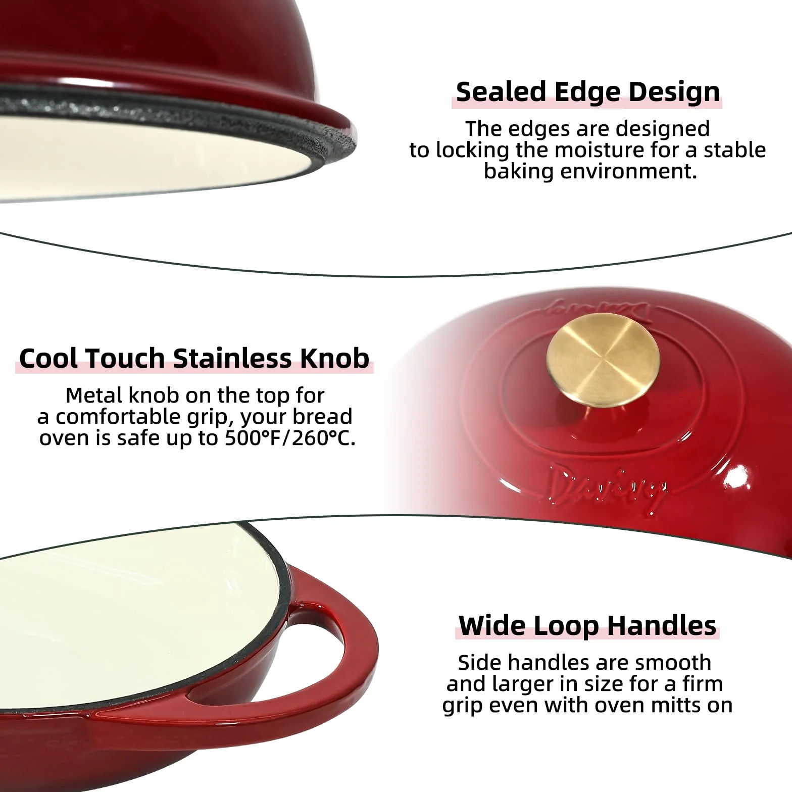 Davivy Forno olandese ovale in ghisa smaltata da 5,5 l, per pane a lievitazione naturale, pentola olandese con coperchio a cupola, pentola per il pane in ghisa (rosso rubino, con tappetino in silicone