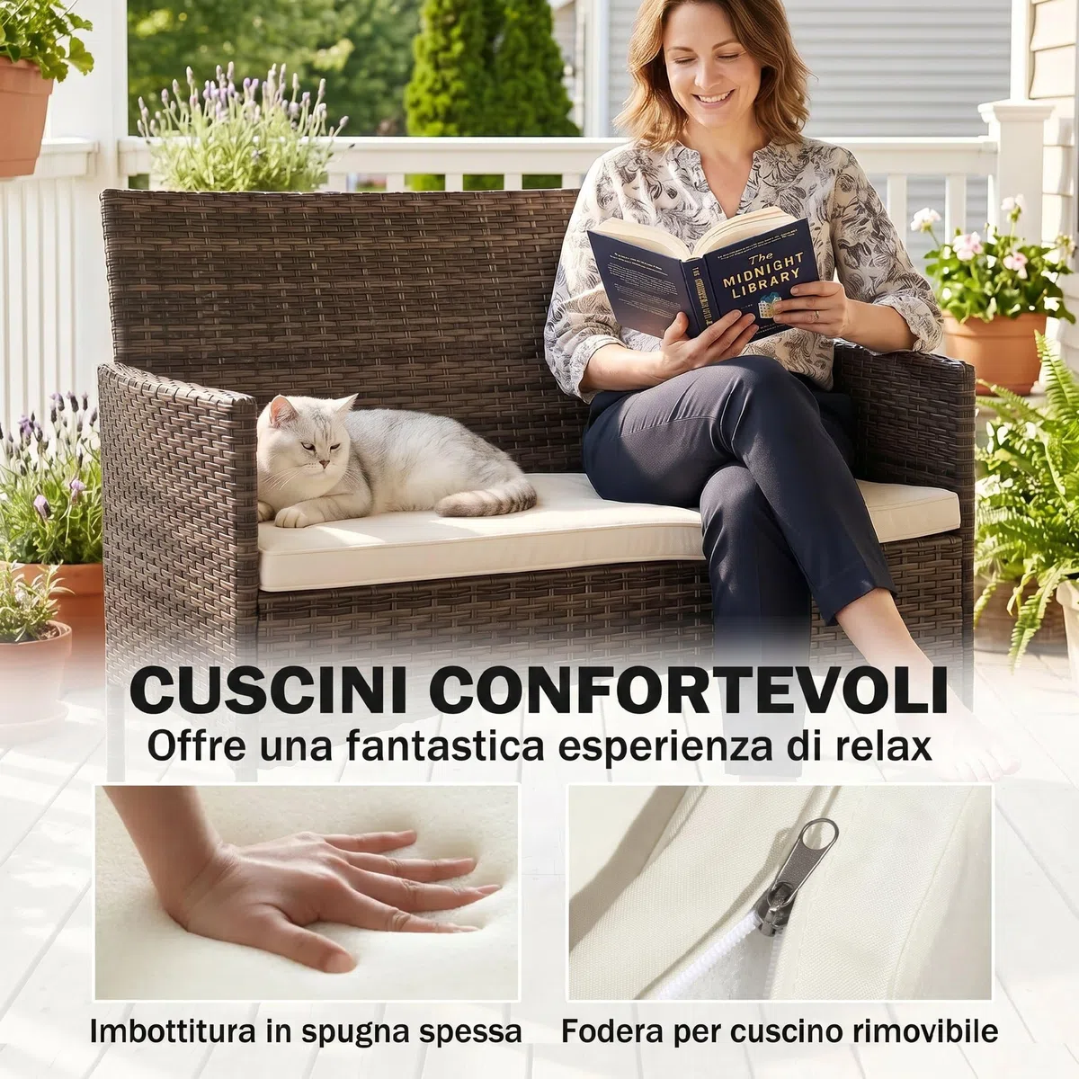 Outsunny Divano da Giardino in Rattan, 2 Posti, Divano da Esterno in PE Wicker con Cuscini e Tappetini Antiscivolo, Struttura in Acciaio per Balcone, Veranda, Giardino, Beige