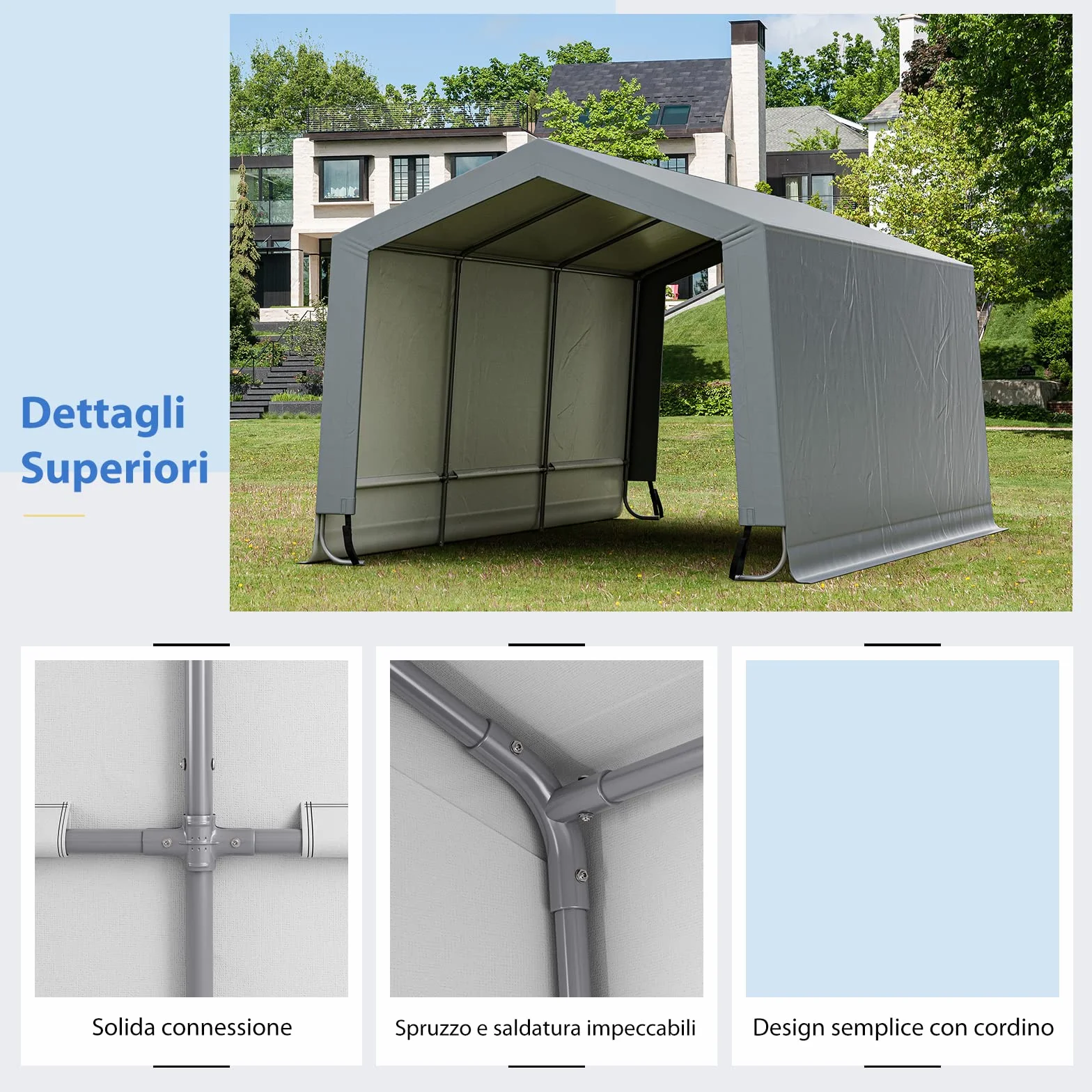 COSTWAY Tendone Garage 2,9 x 4,9 m Telaio in Acciaio Zincato Travi Triangolari Rinforzate Grigio