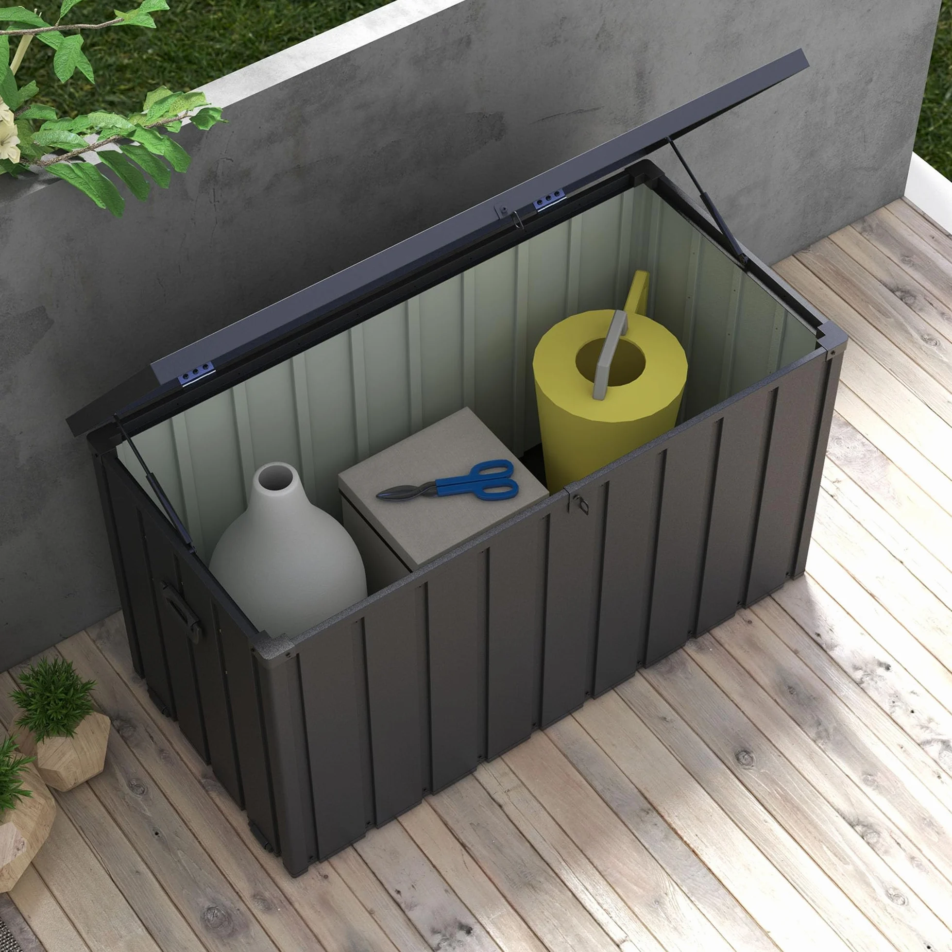 Outsunny Panca Contenitore da 450L con 4 Rotelle, Acciaio e PP, 125.5x61.5x70 cm, Grigio Scuro